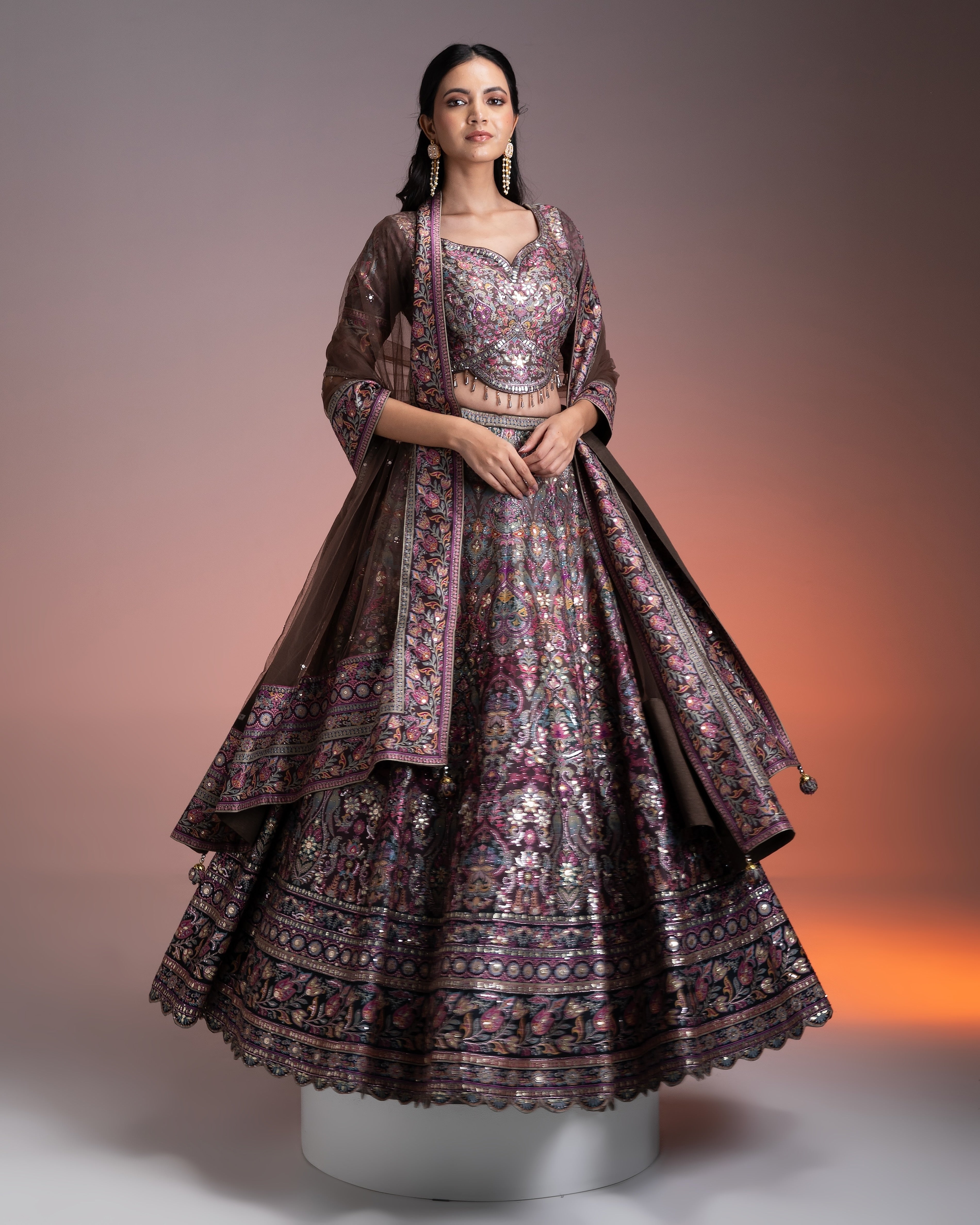 Chocolate Brown Printed Silk Lehenga Set - Mokshaa