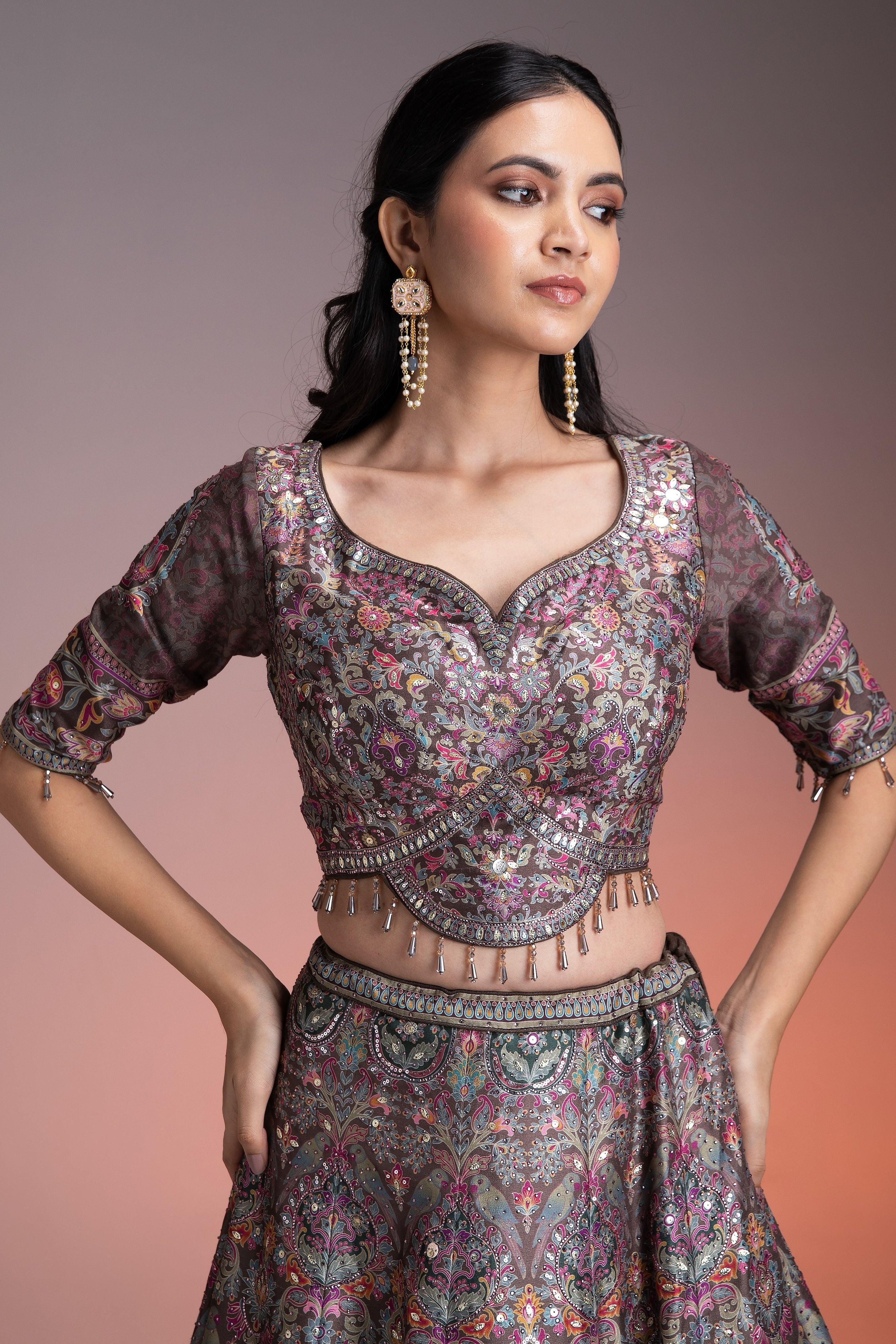 Chocolate Brown Printed Silk Lehenga Set - Mokshaa