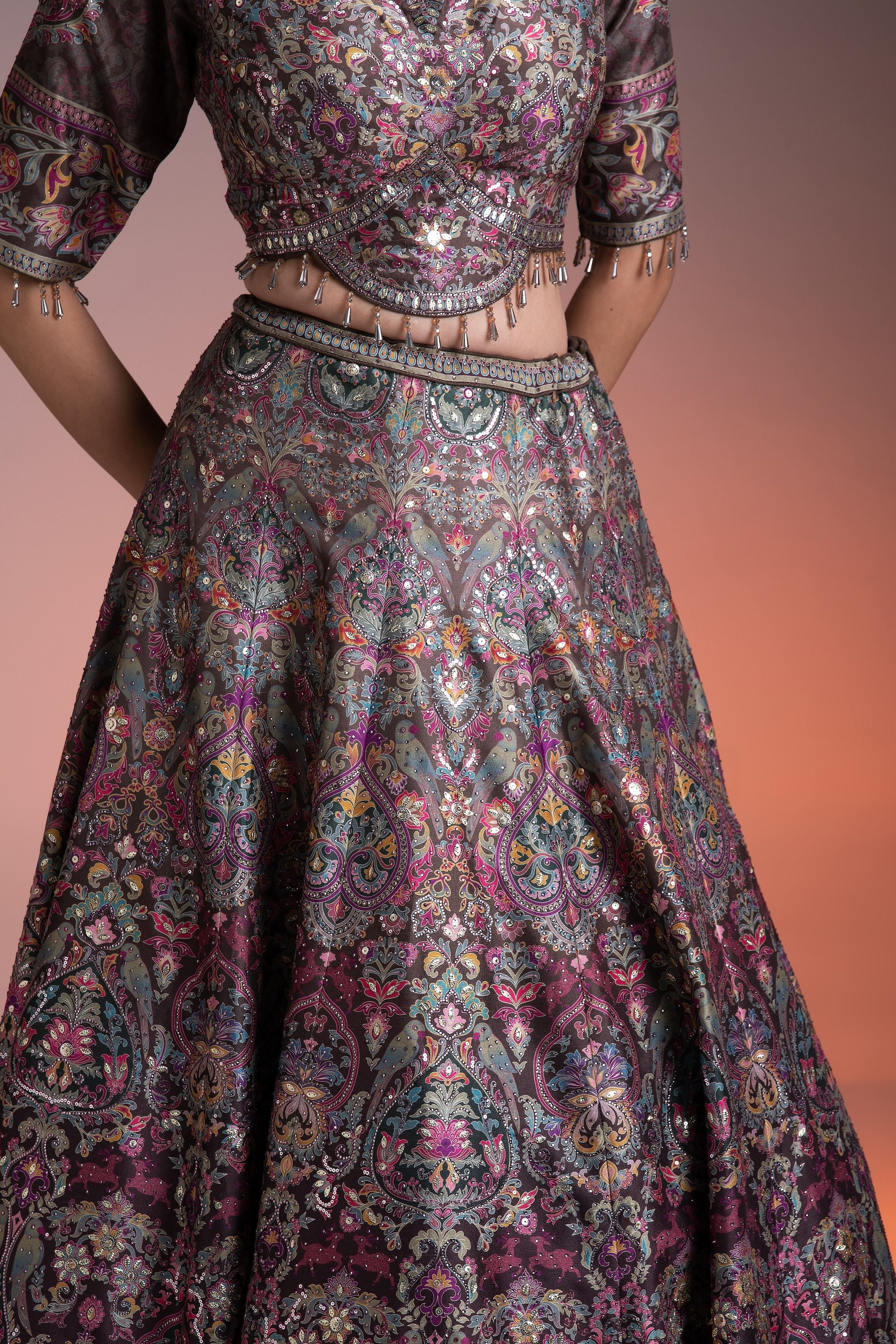 Chocolate Brown Printed Silk Lehenga Set - Mokshaa