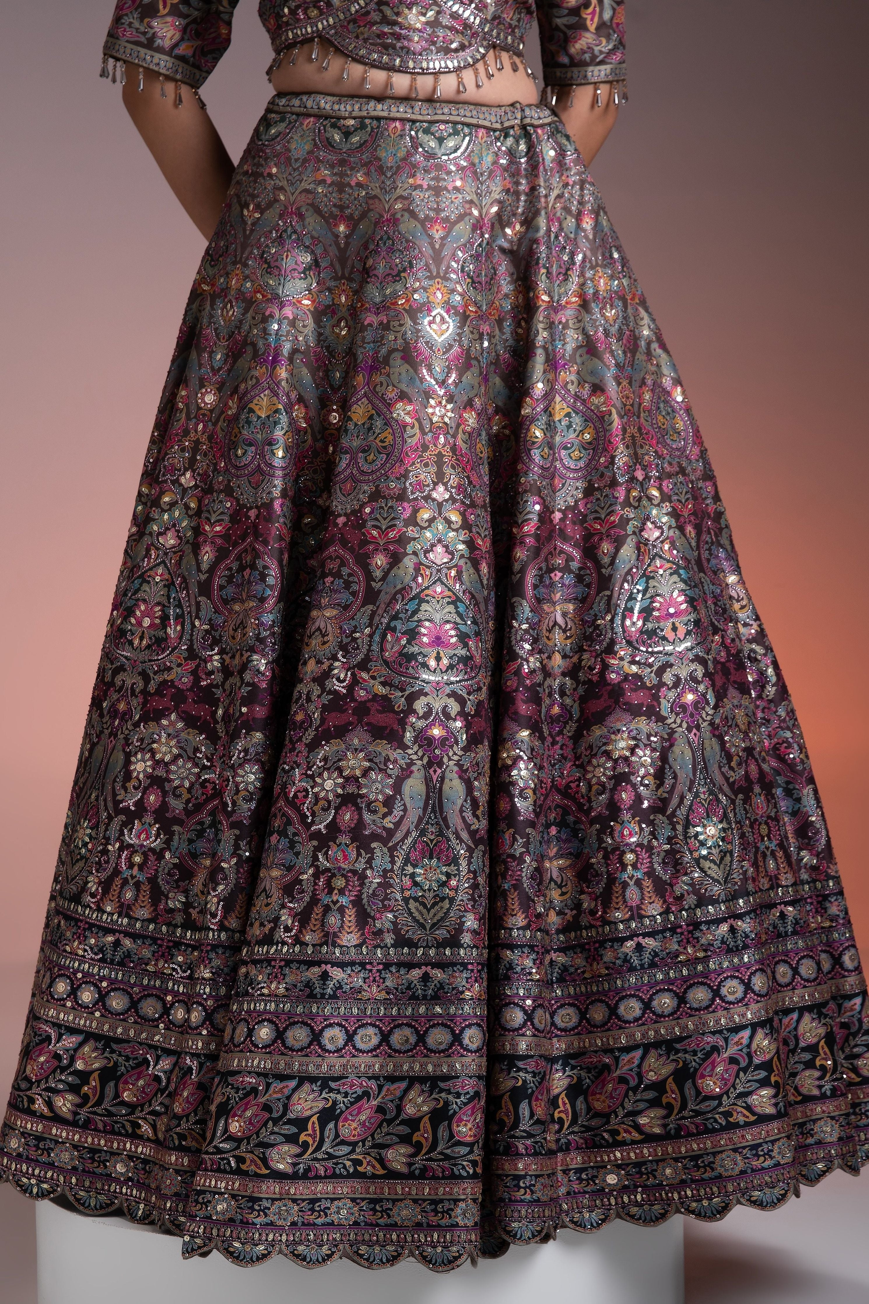 Chocolate Brown Printed Silk Lehenga Set - Mokshaa