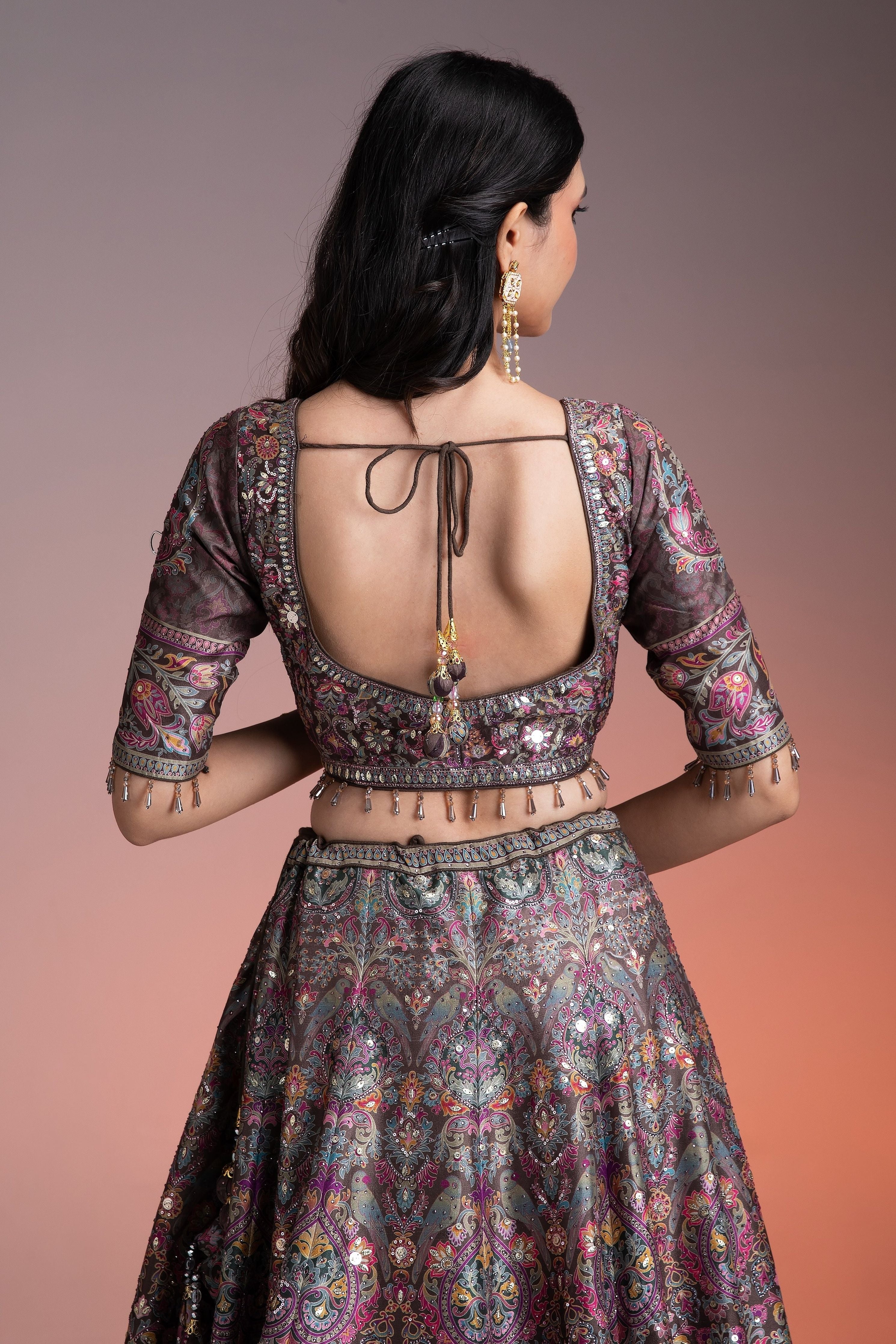 Chocolate Brown Printed Silk Lehenga Set - Mokshaa