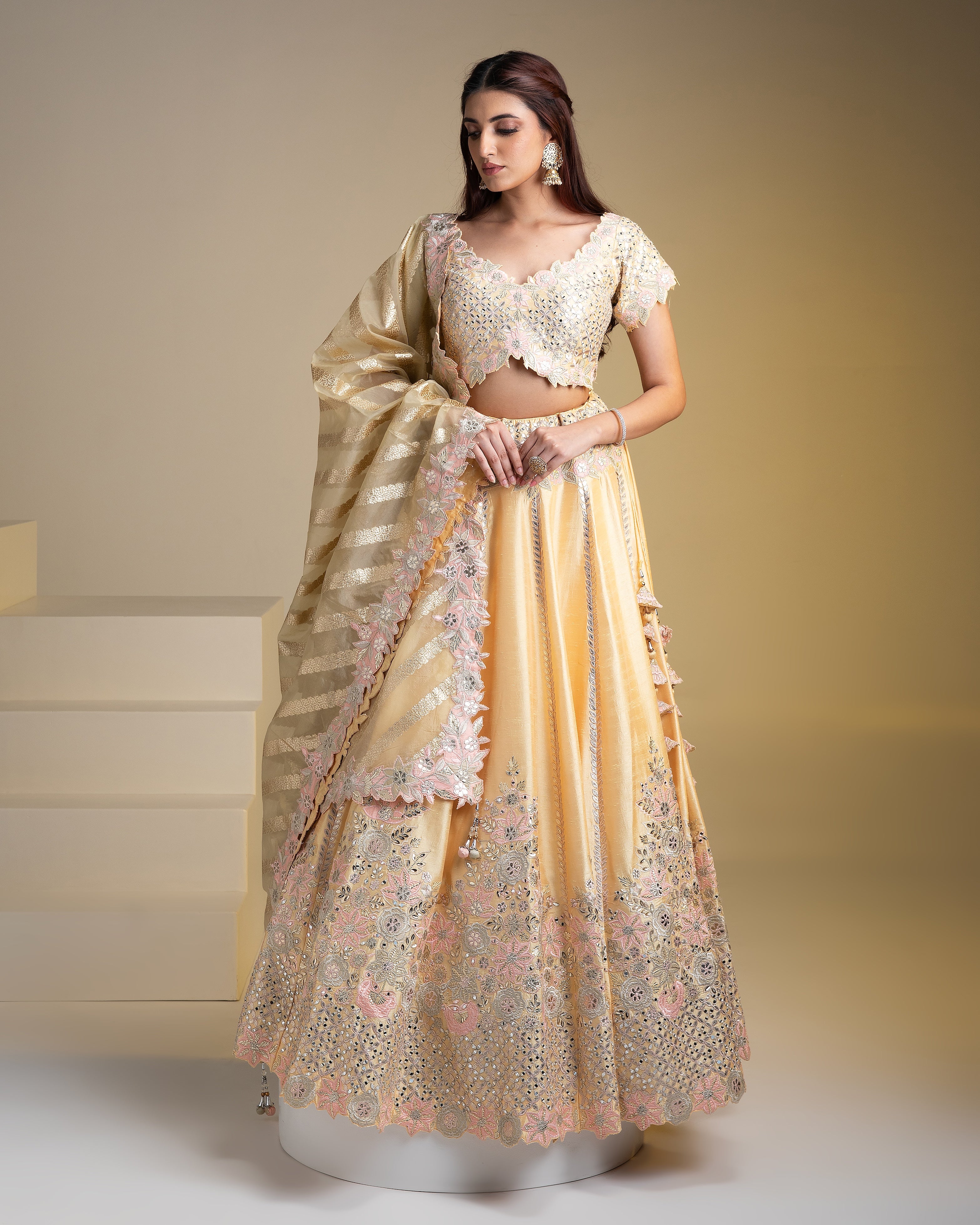 Maize Yellow Silk Lehenga with Pastel Floral Accents and Green Dupatta - Mokshaa