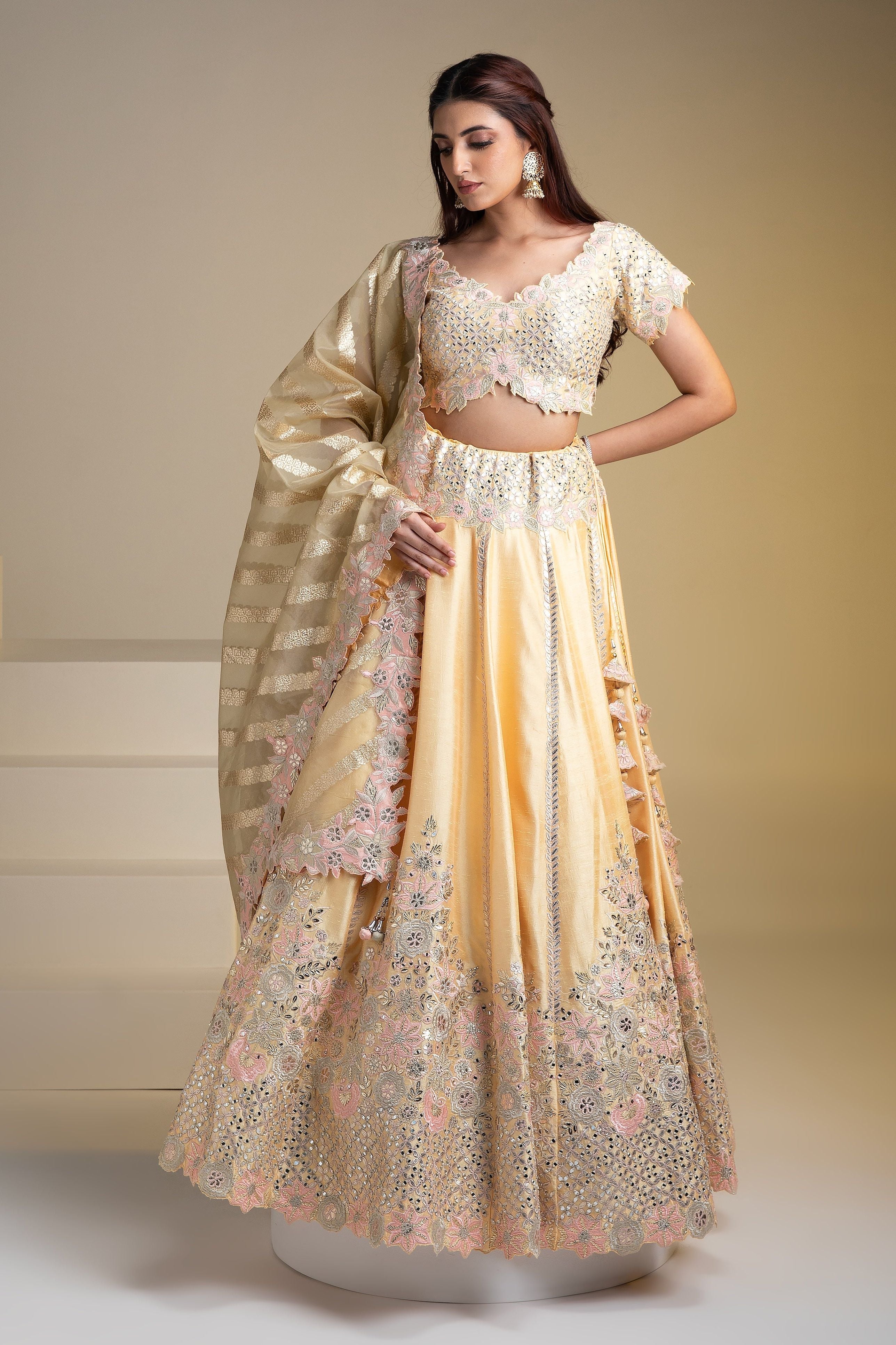 Maize Yellow Silk Lehenga with Pastel Floral Accents and Green Dupatta - Mokshaa