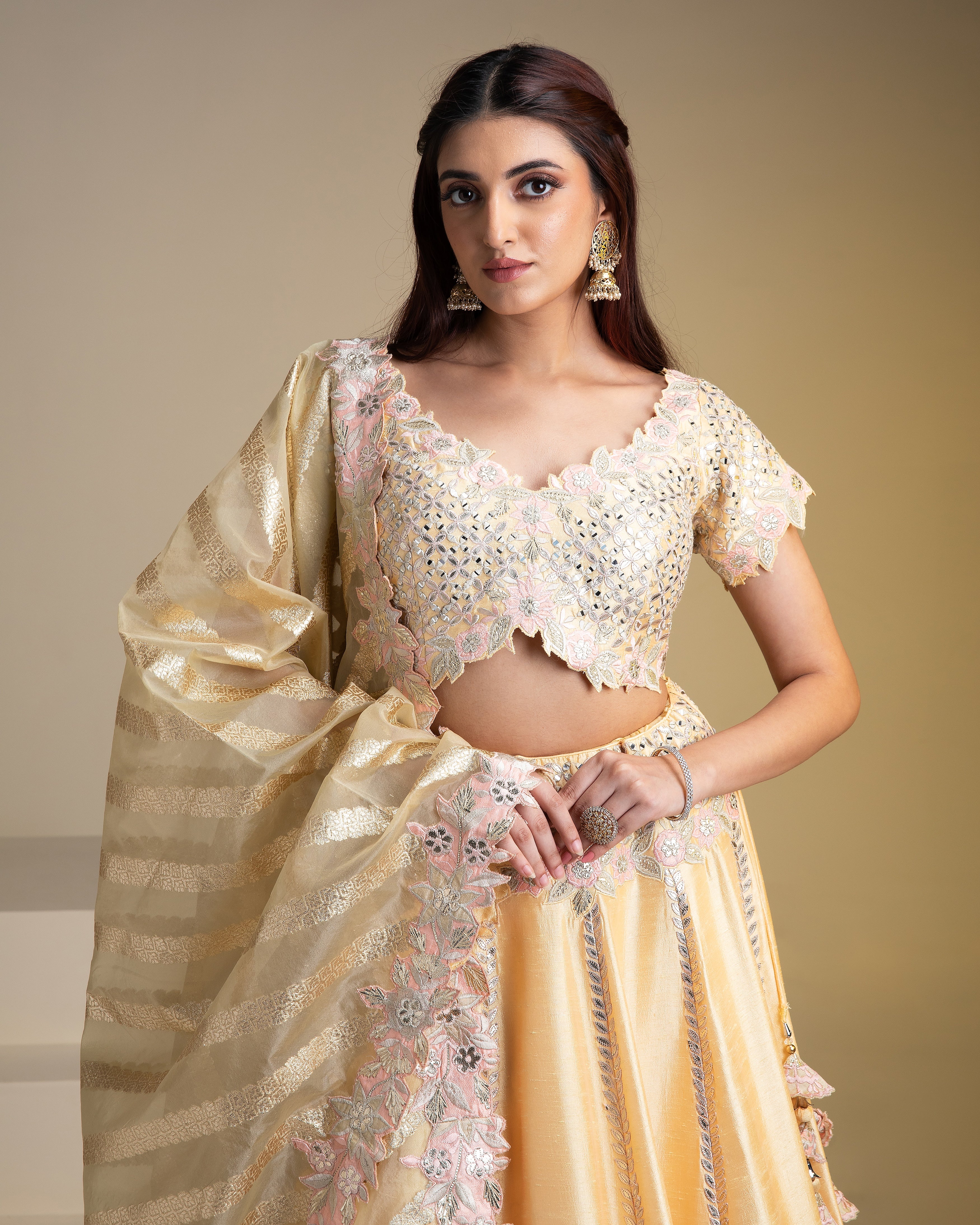 Maize Yellow Silk Lehenga with Pastel Floral Accents and Green Dupatta - Mokshaa