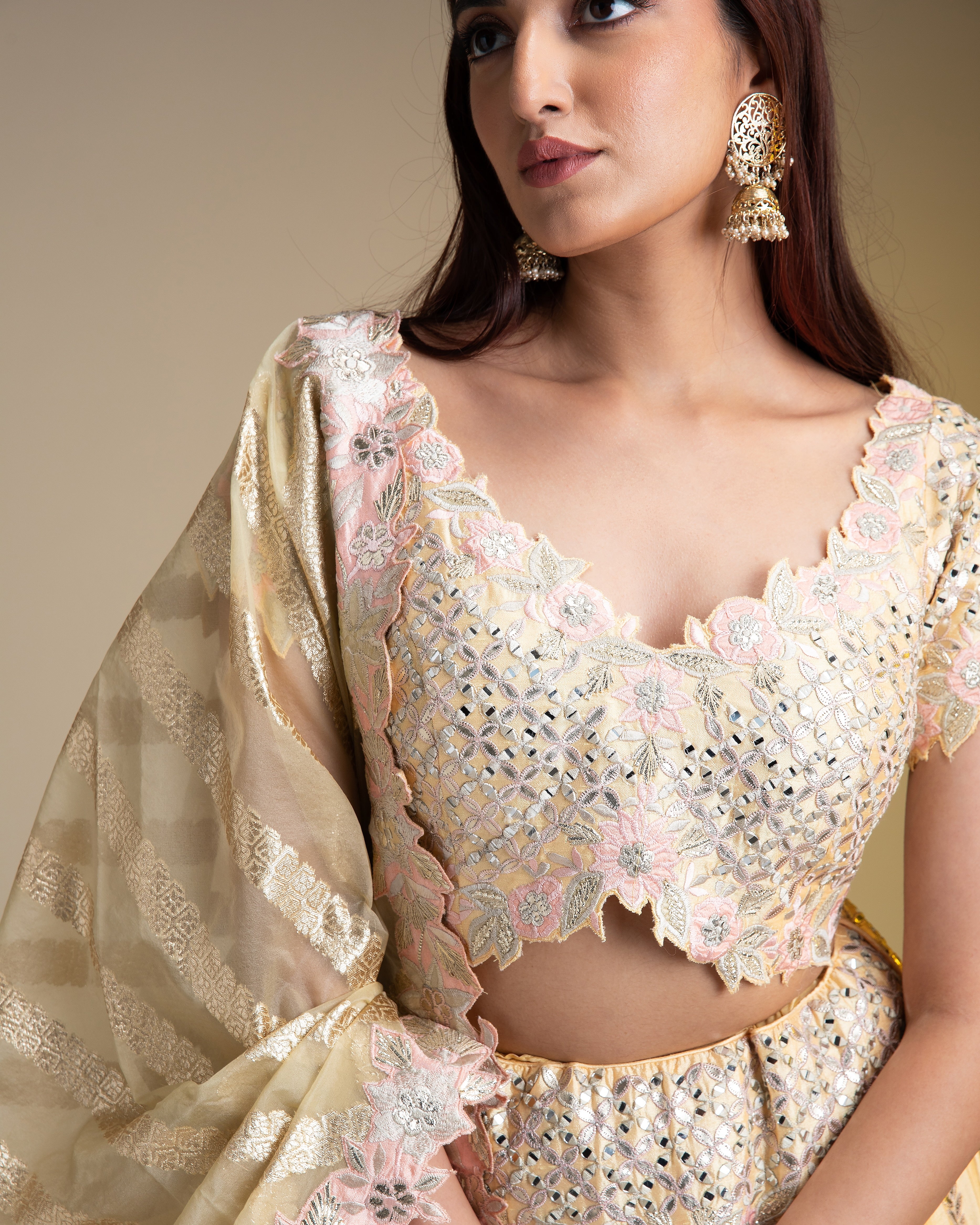 Maize Yellow Silk Lehenga with Pastel Floral Accents and Green Dupatta - Mokshaa