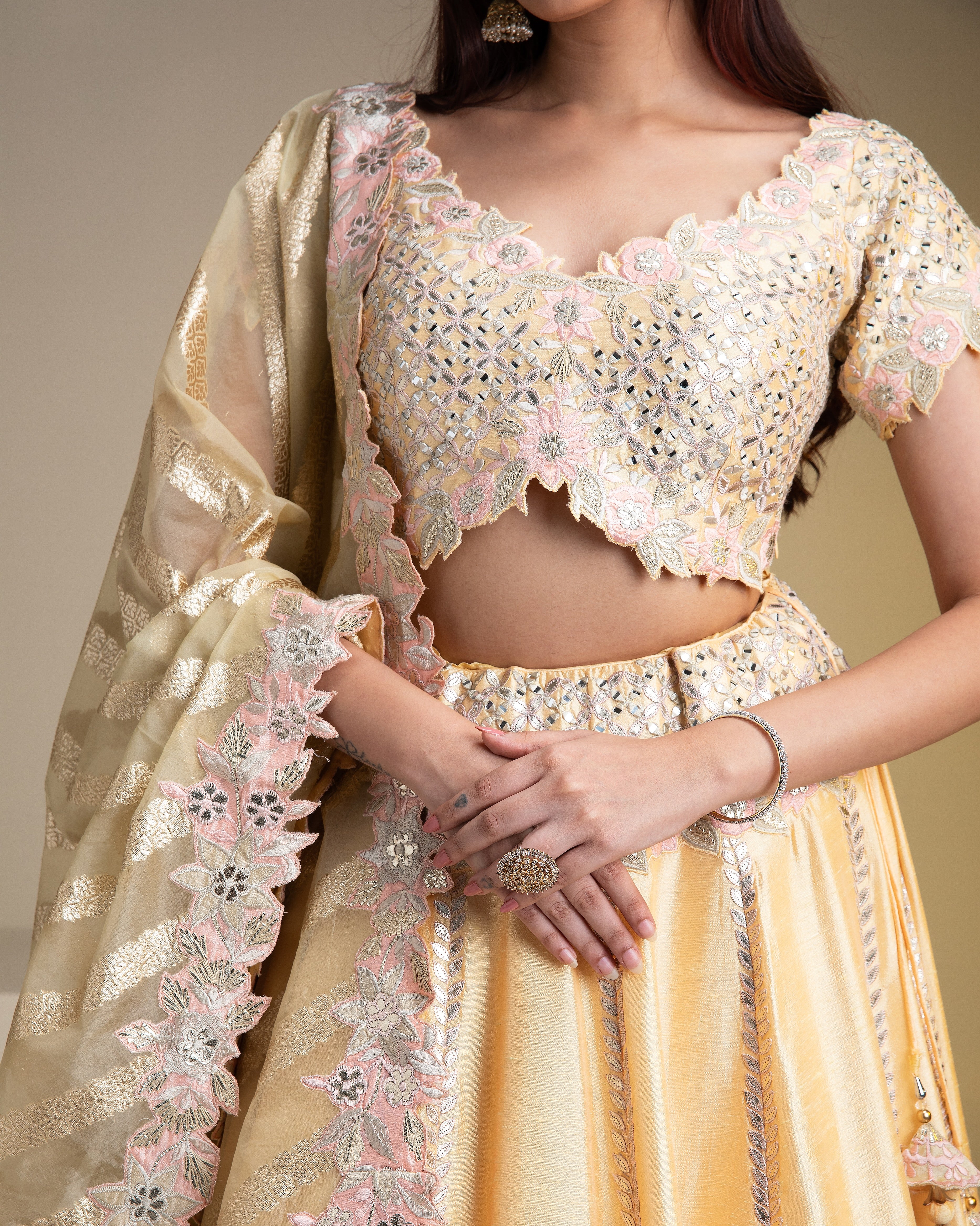 Maize Yellow Silk Lehenga with Pastel Floral Accents and Green Dupatta - Mokshaa