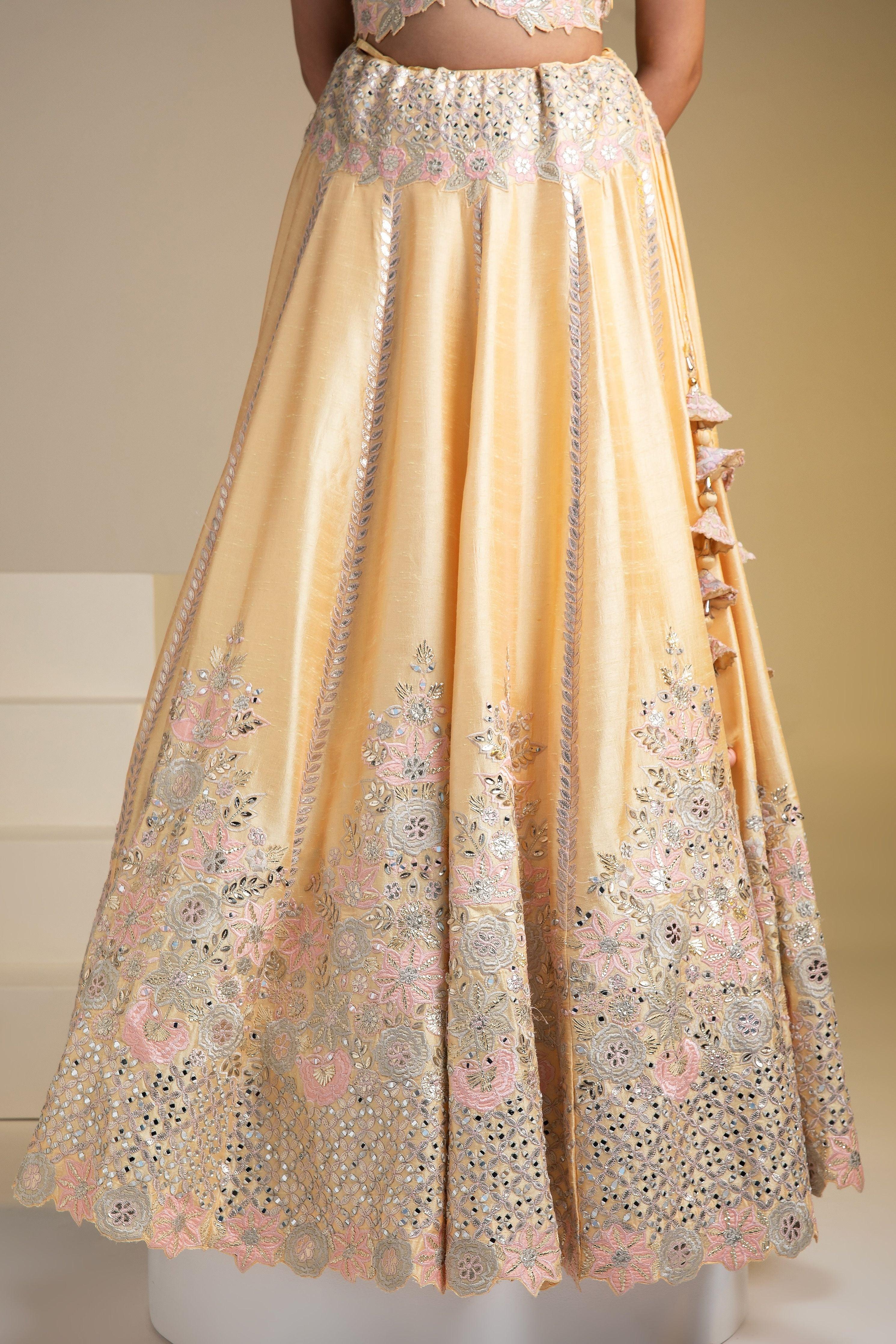 Maize Yellow Silk Lehenga with Pastel Floral Accents and Green Dupatta - Mokshaa
