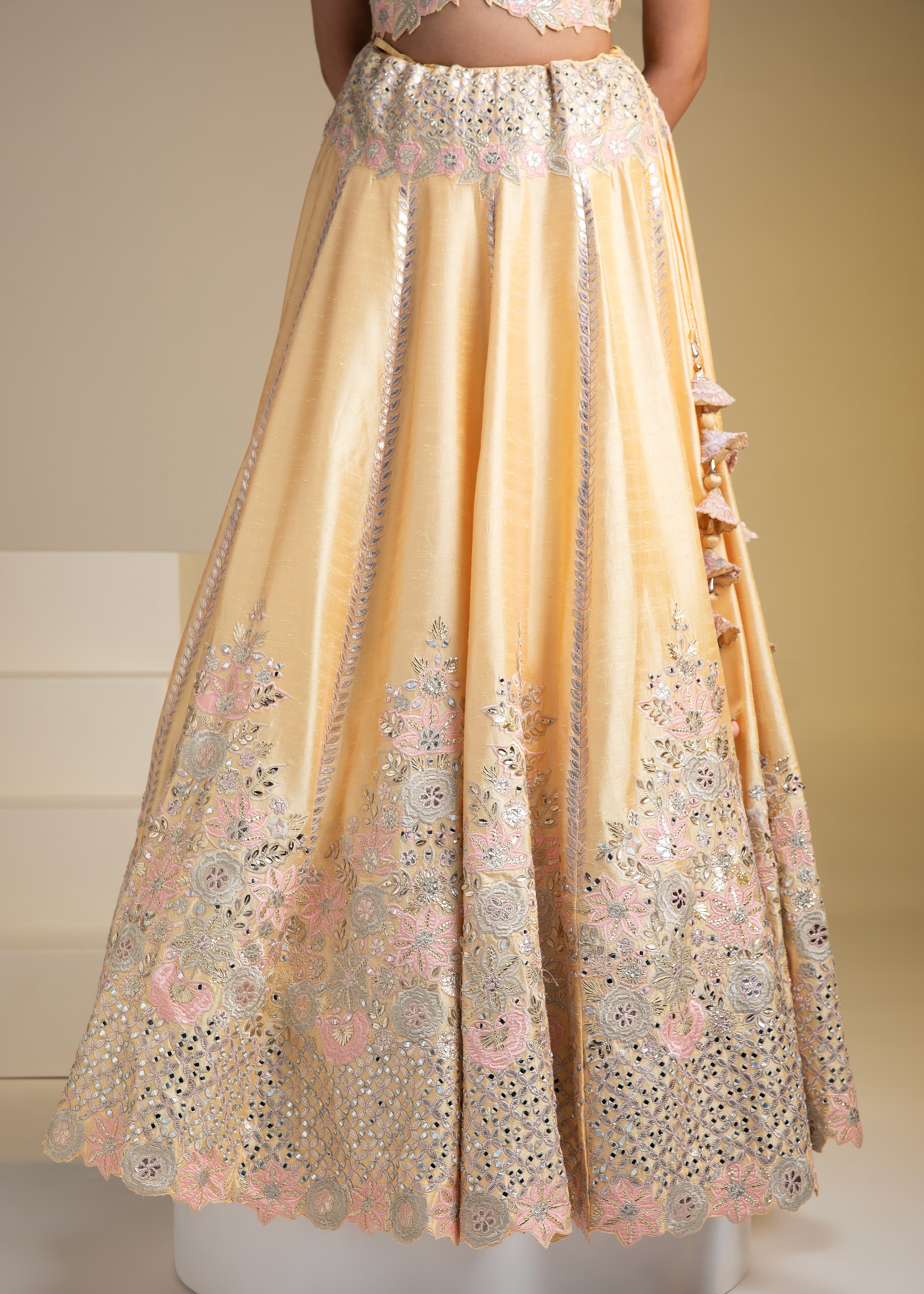 Maize Yellow Silk Lehenga with Pastel Floral Accents and Green Dupatta - Mokshaa