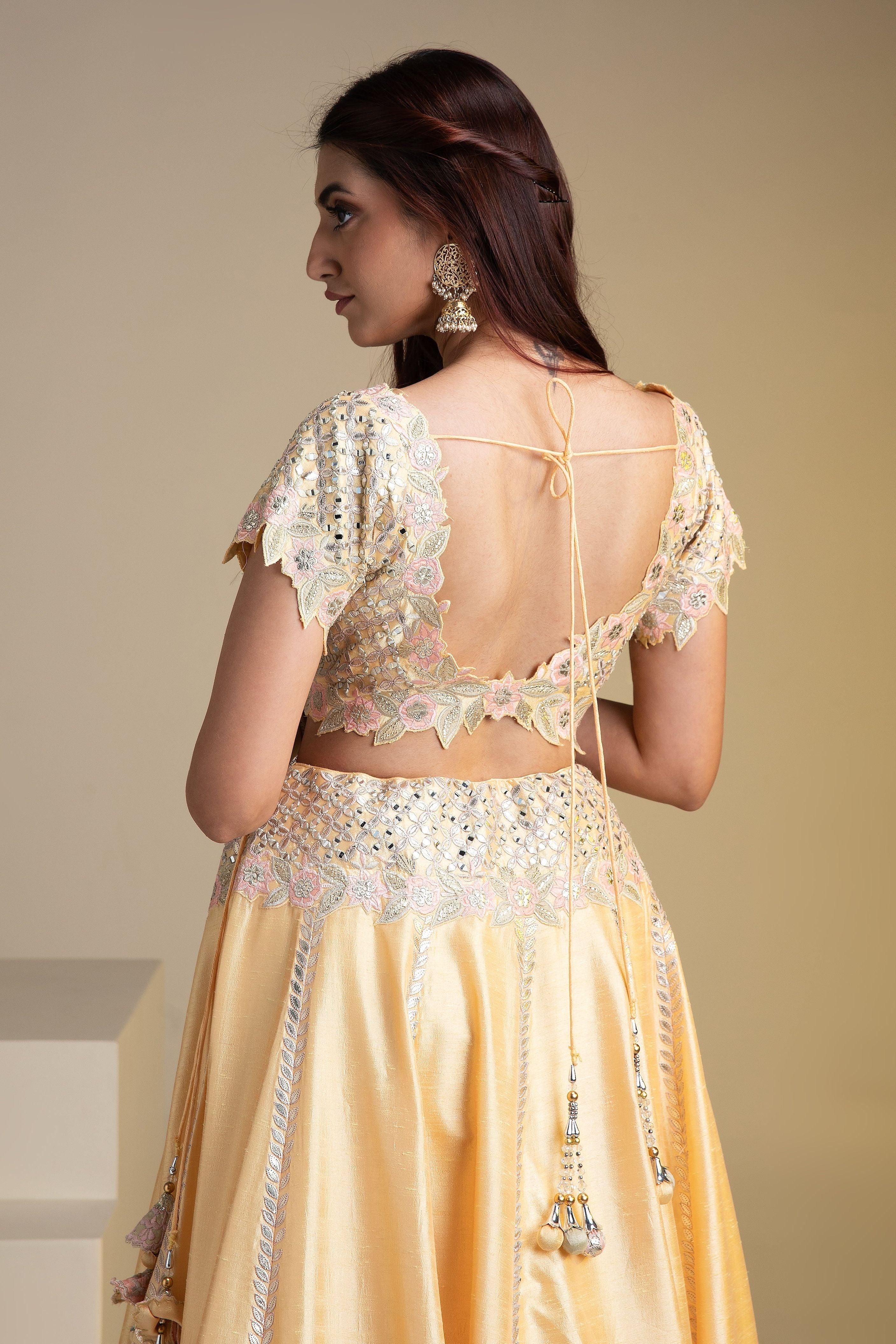 Maize Yellow Silk Lehenga with Pastel Floral Accents and Green Dupatta - Mokshaa