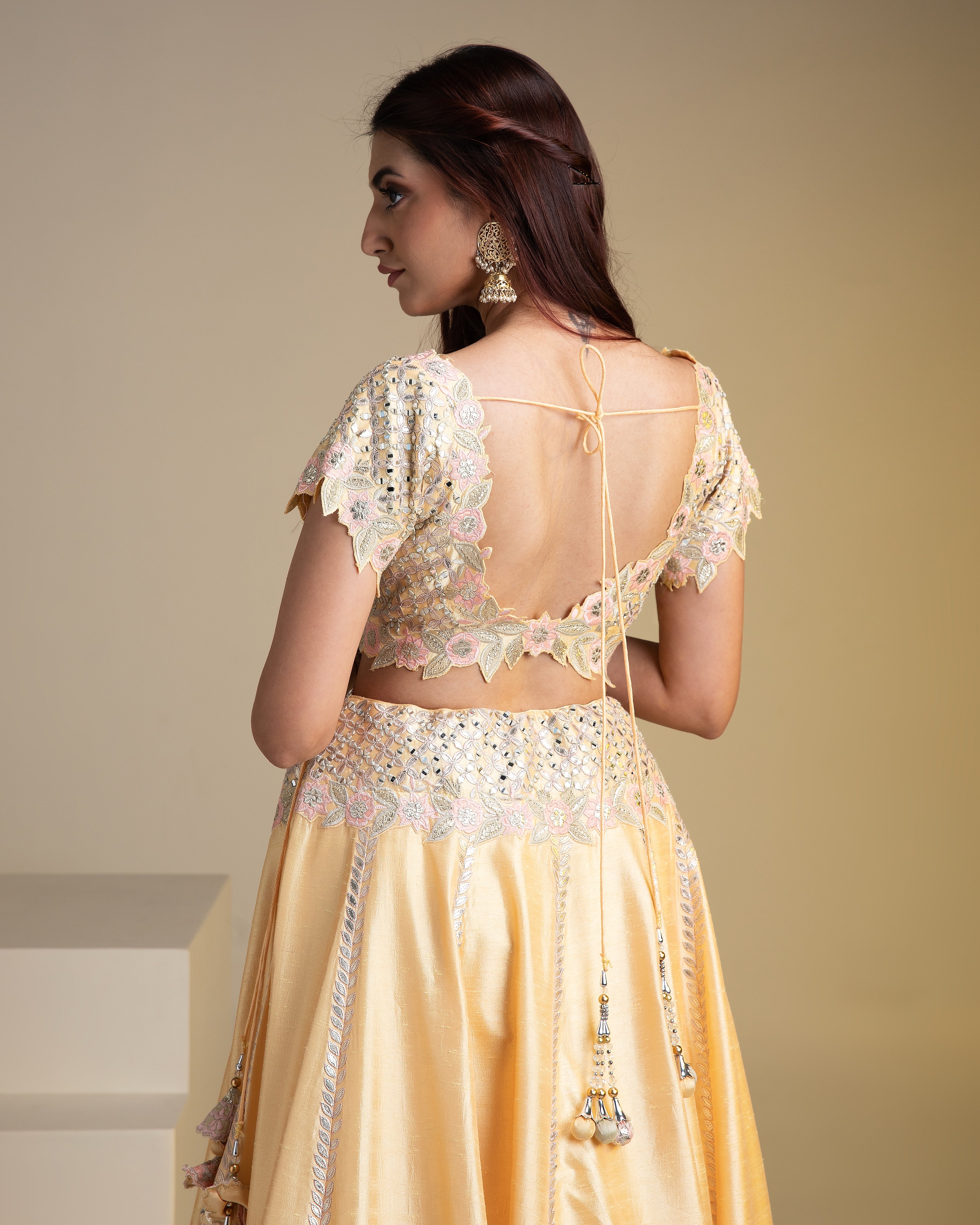 Maize Yellow Silk Lehenga with Pastel Floral Accents and Green Dupatta - Mokshaa