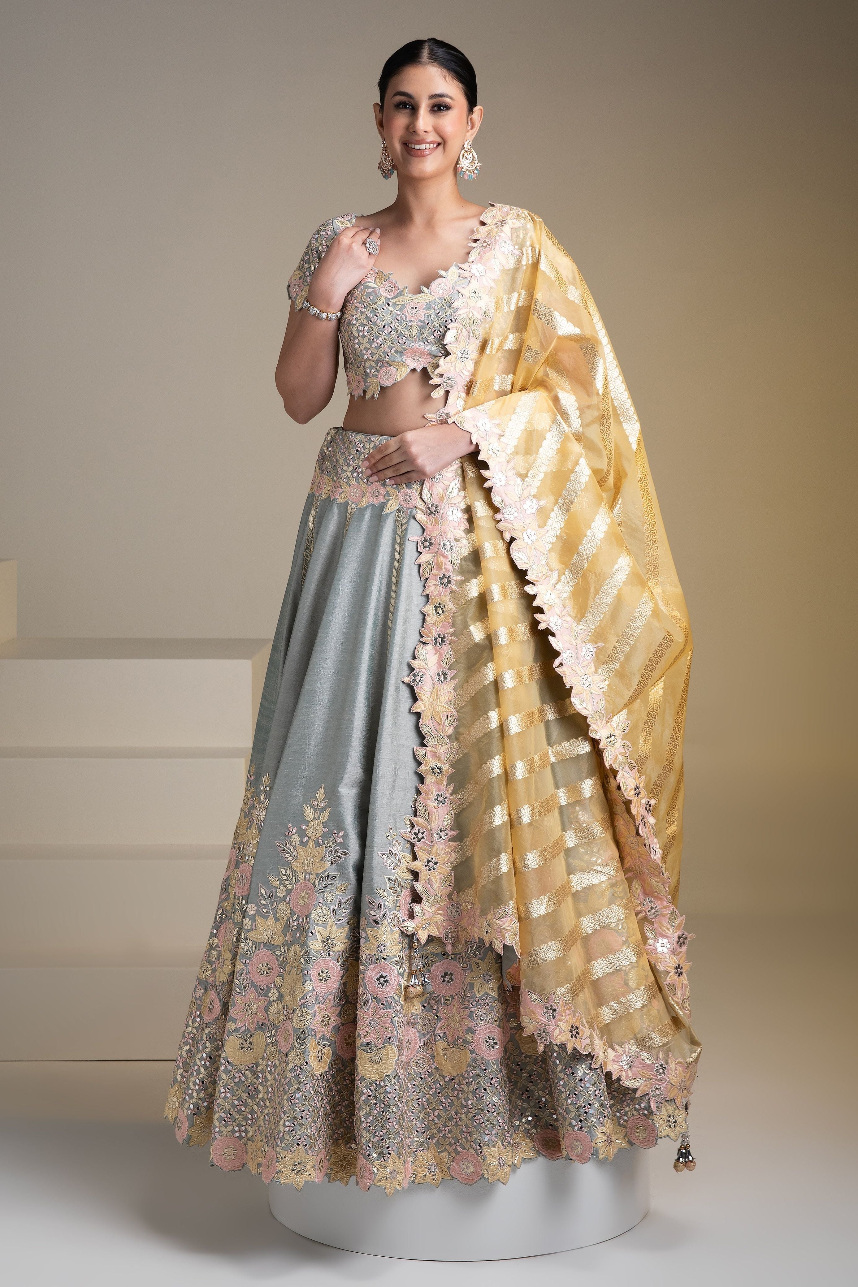 Grey Silk Lehenga with Pastel Floral Accents and yellow Dupatta - Mokshaa