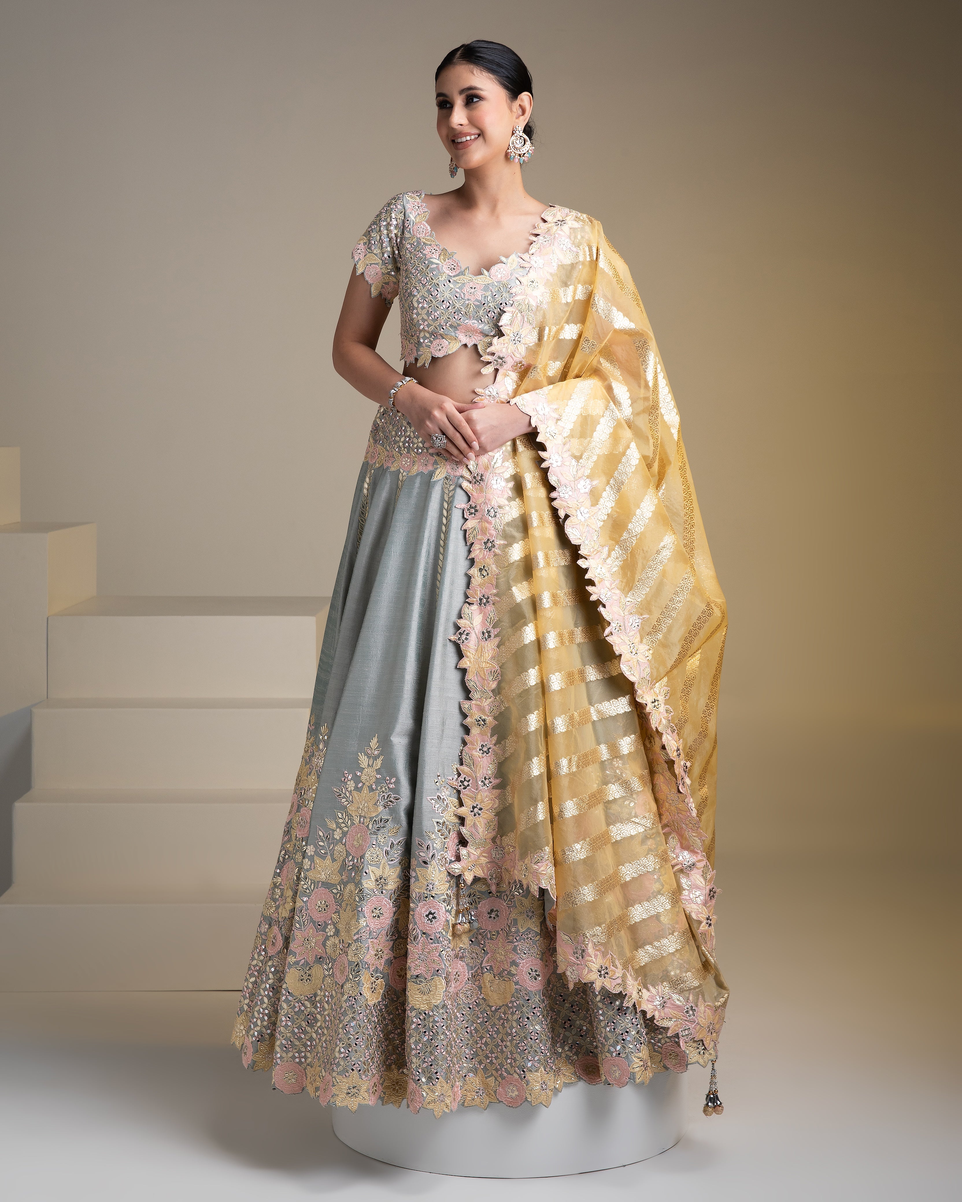 Grey Silk Lehenga with Pastel Floral Accents and yellow Dupatta - Mokshaa