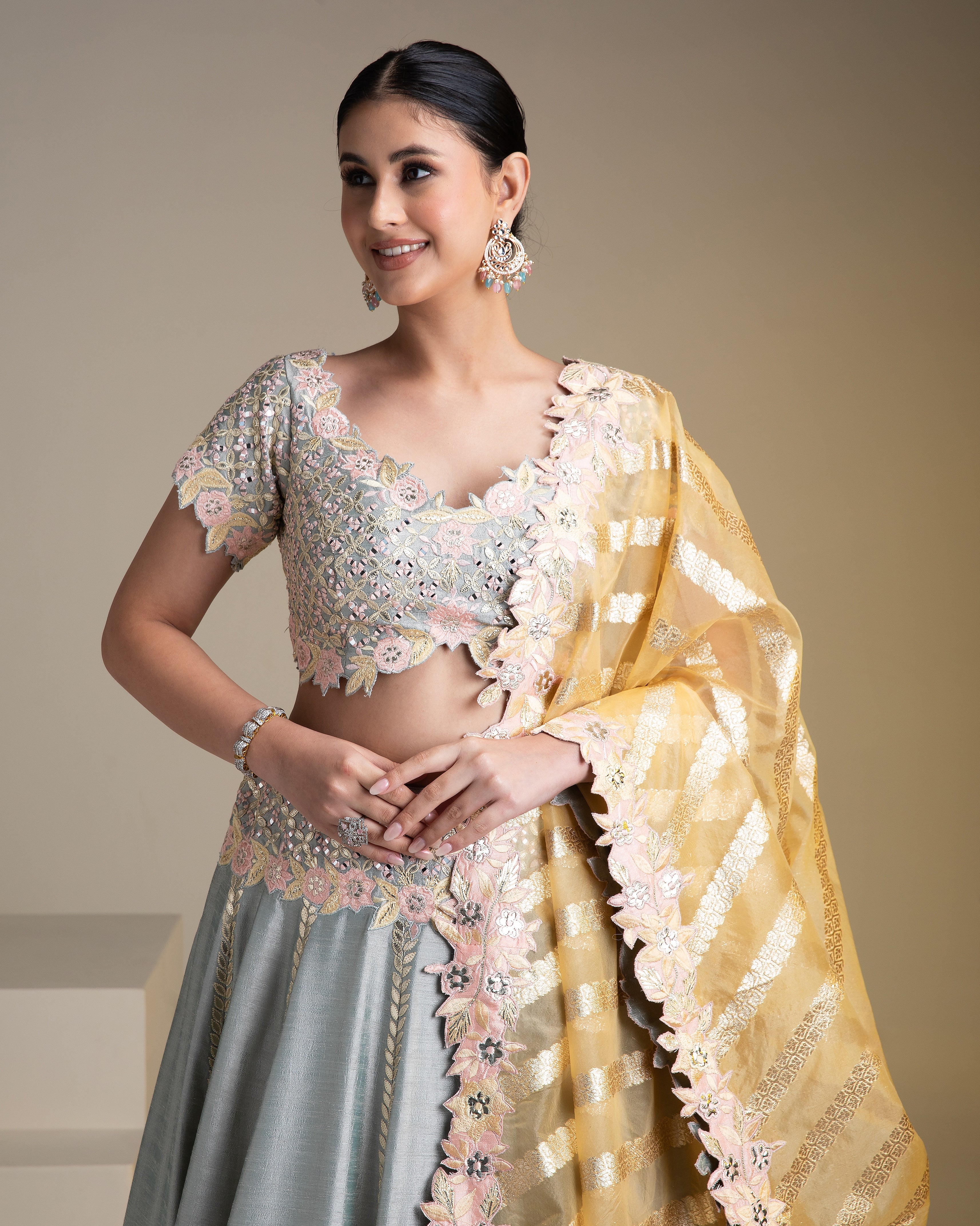 Grey Silk Lehenga with Pastel Floral Accents and yellow Dupatta - Mokshaa