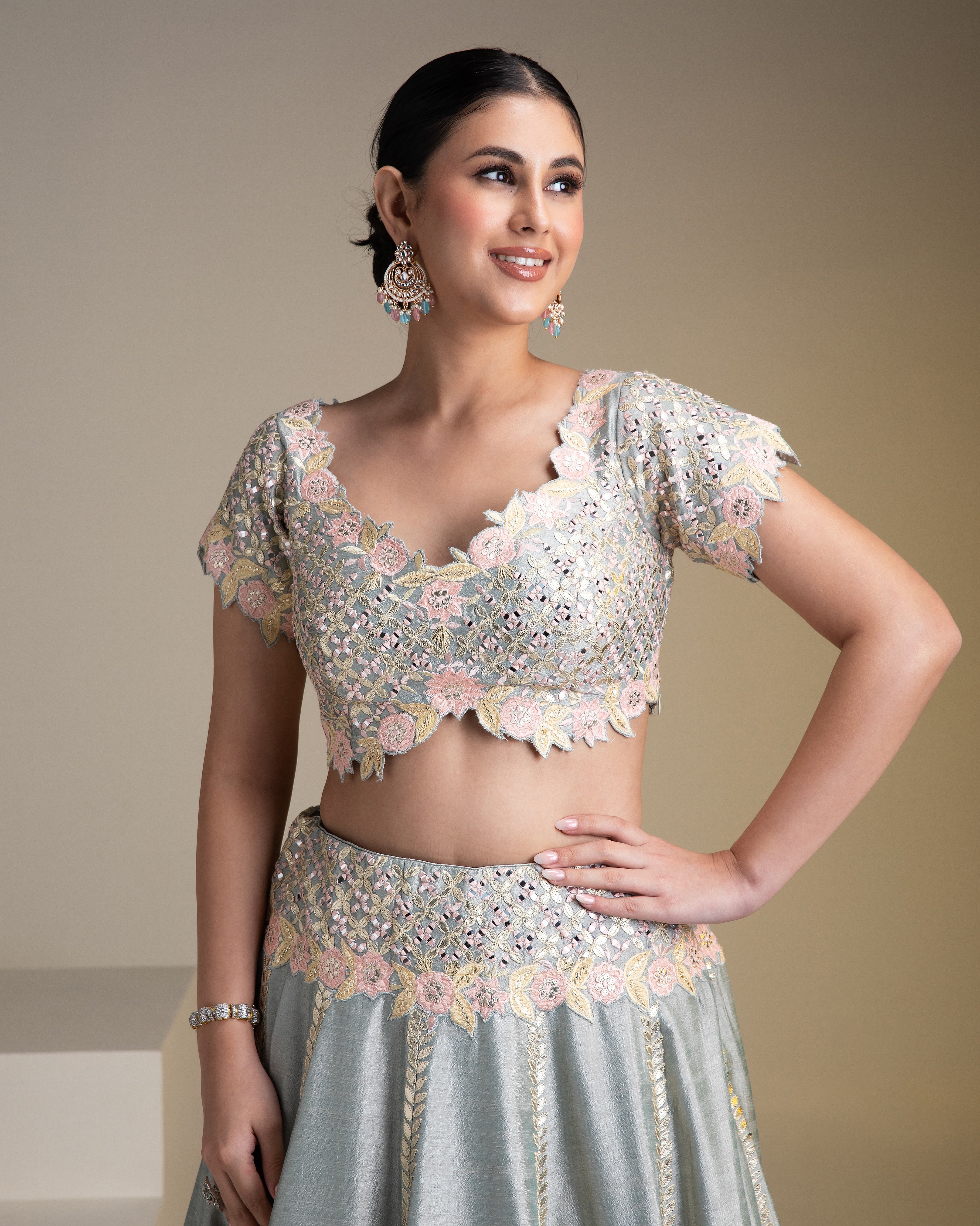 Grey Silk Lehenga with Pastel Floral Accents and yellow Dupatta - Mokshaa