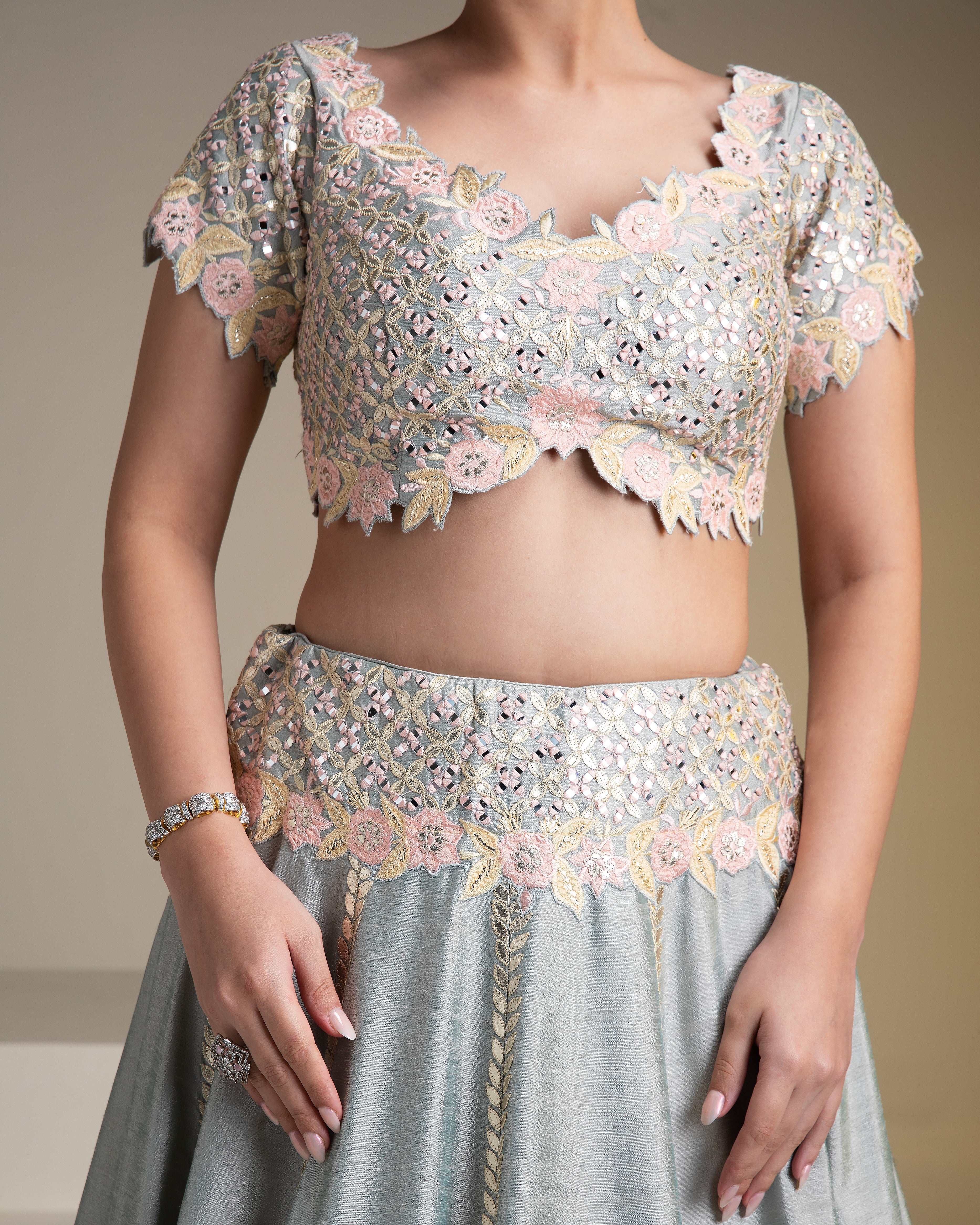 Grey Silk Lehenga with Pastel Floral Accents and yellow Dupatta - Mokshaa