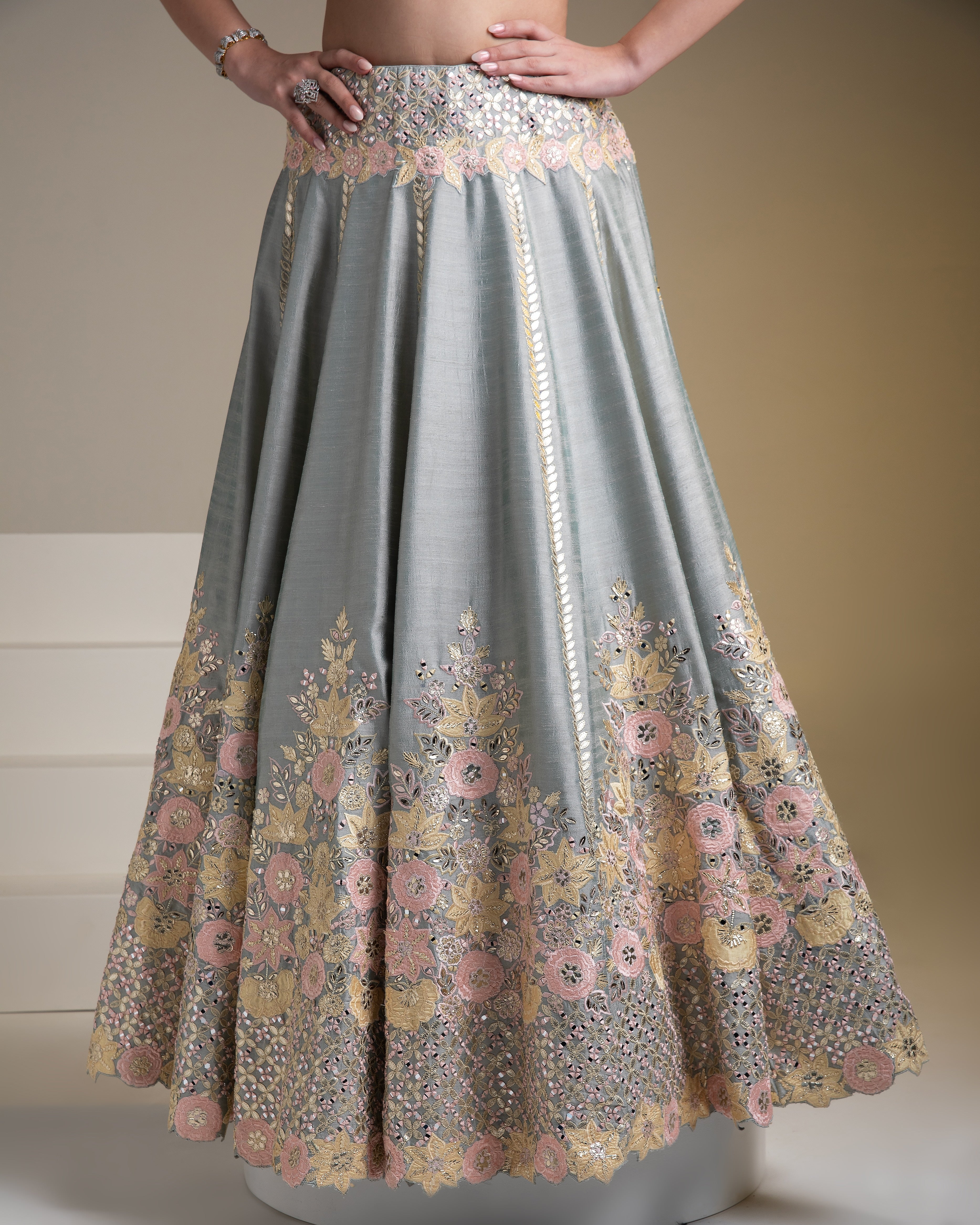 Grey Silk Lehenga with Pastel Floral Accents and yellow Dupatta - Mokshaa