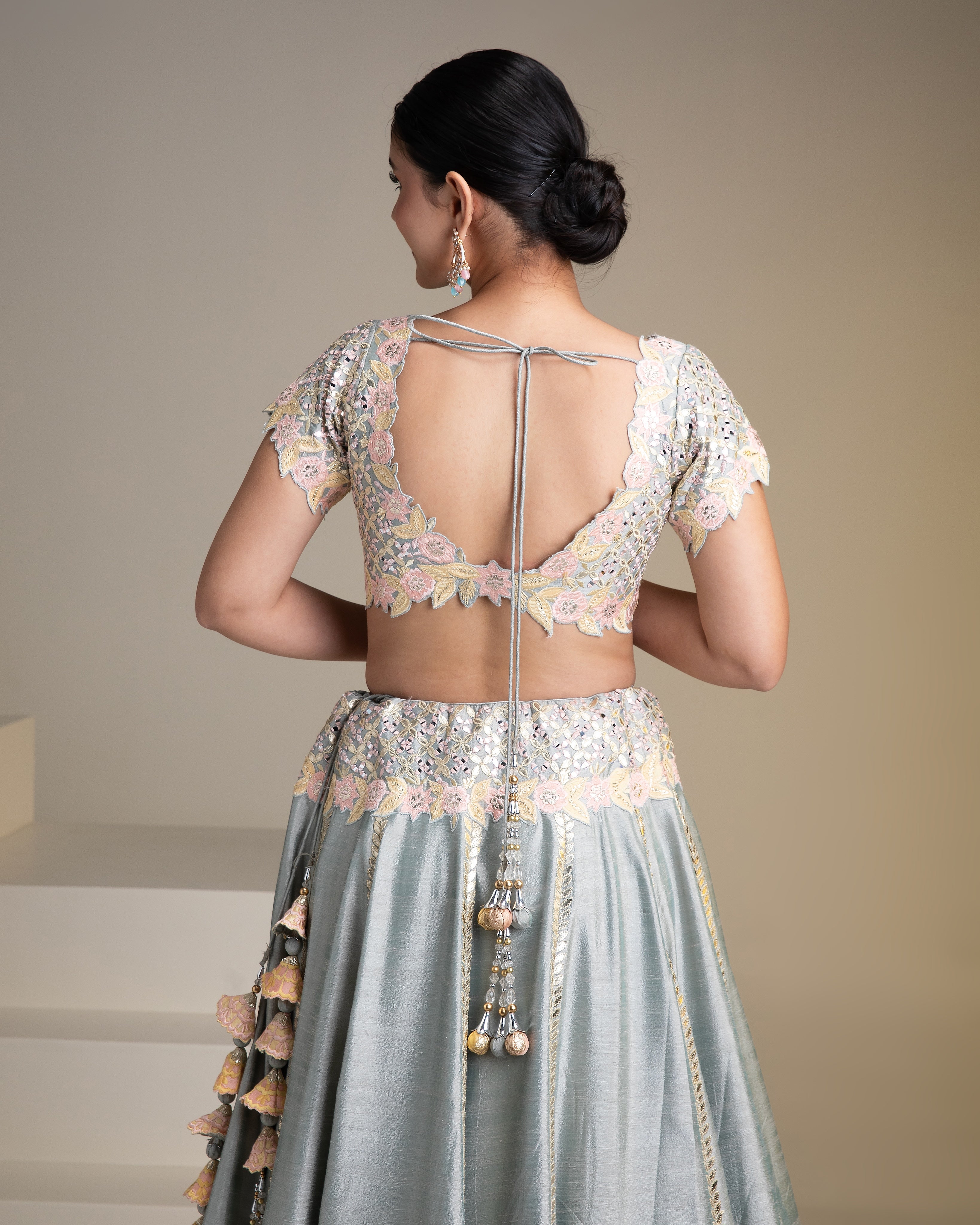 Grey Silk Lehenga with Pastel Floral Accents and yellow Dupatta - Mokshaa