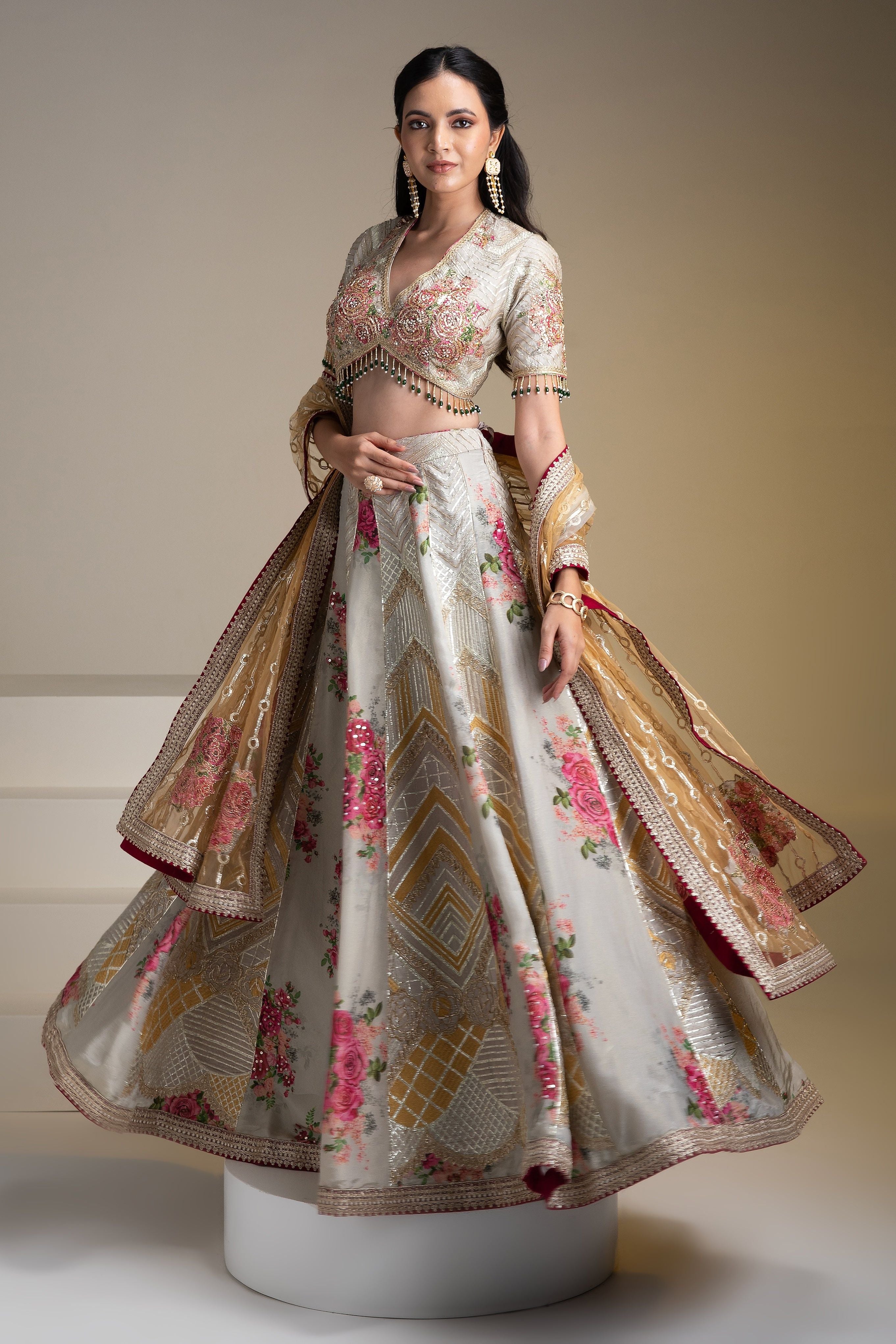 Opulent Silver Tissue Lehenga Set with Vibrant Floral Print and Zari Work - Mokshaa