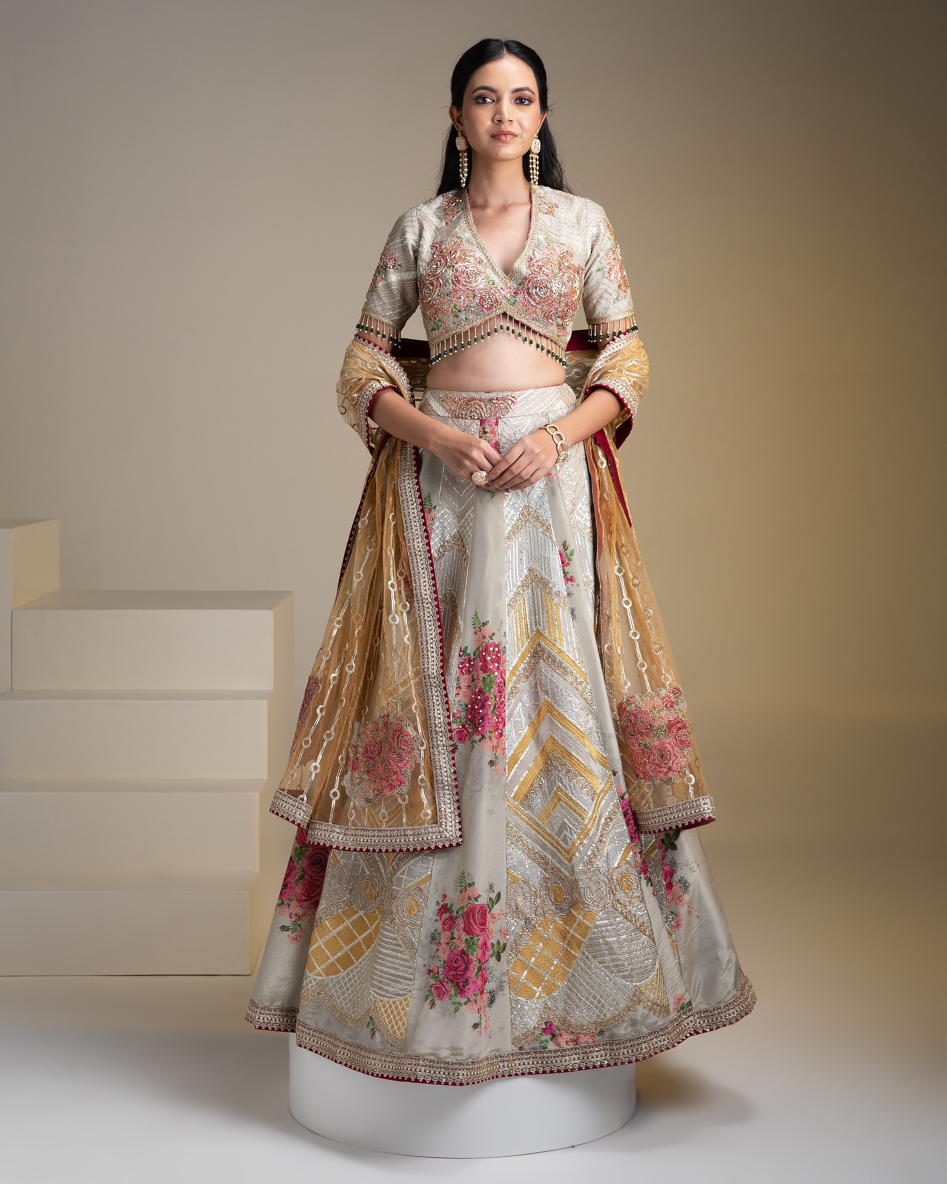 Opulent Silver Tissue Lehenga Set with Vibrant Floral Print and Zari Work - Mokshaa