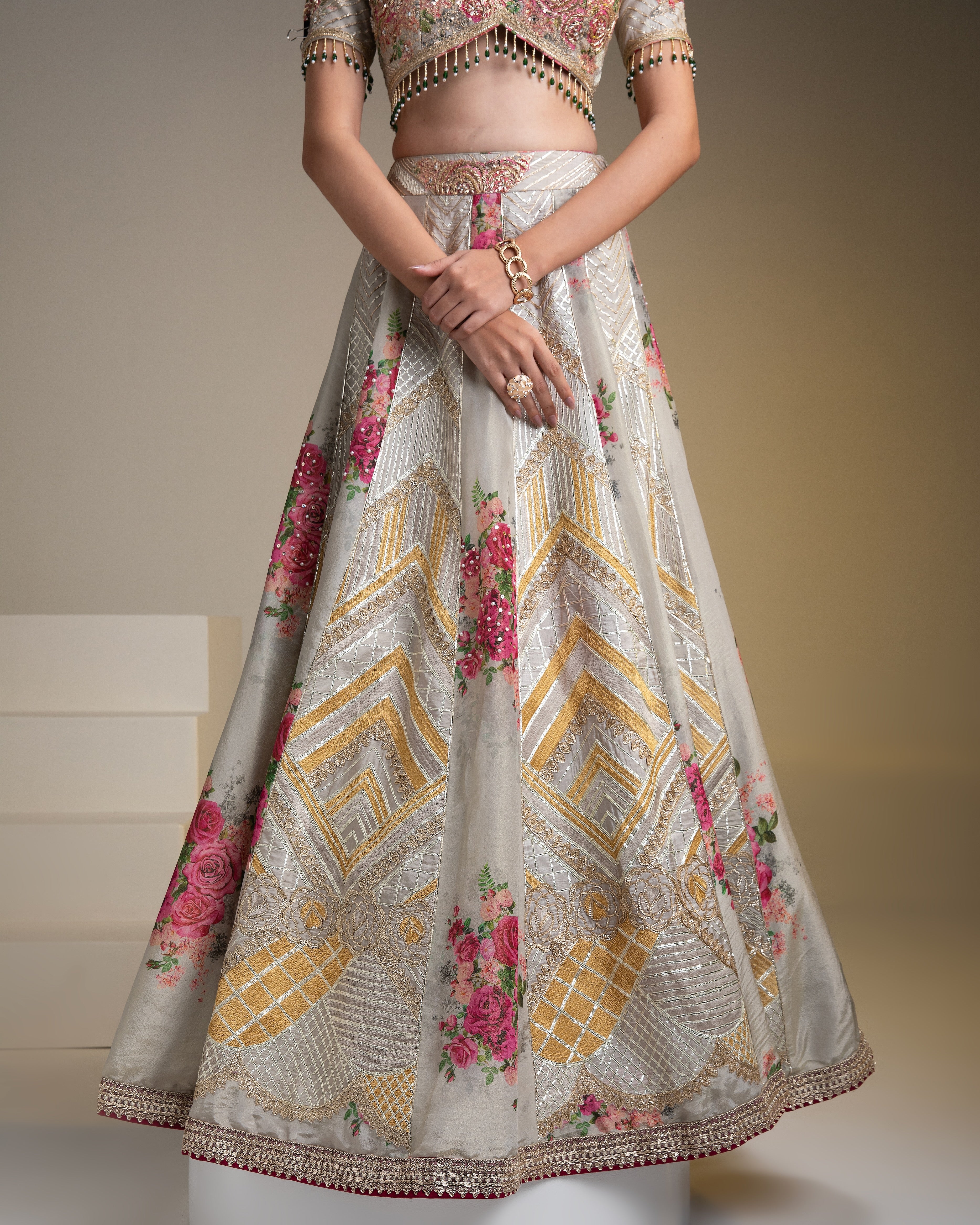 Opulent Silver Tissue Lehenga Set with Vibrant Floral Print and Zari Work - Mokshaa