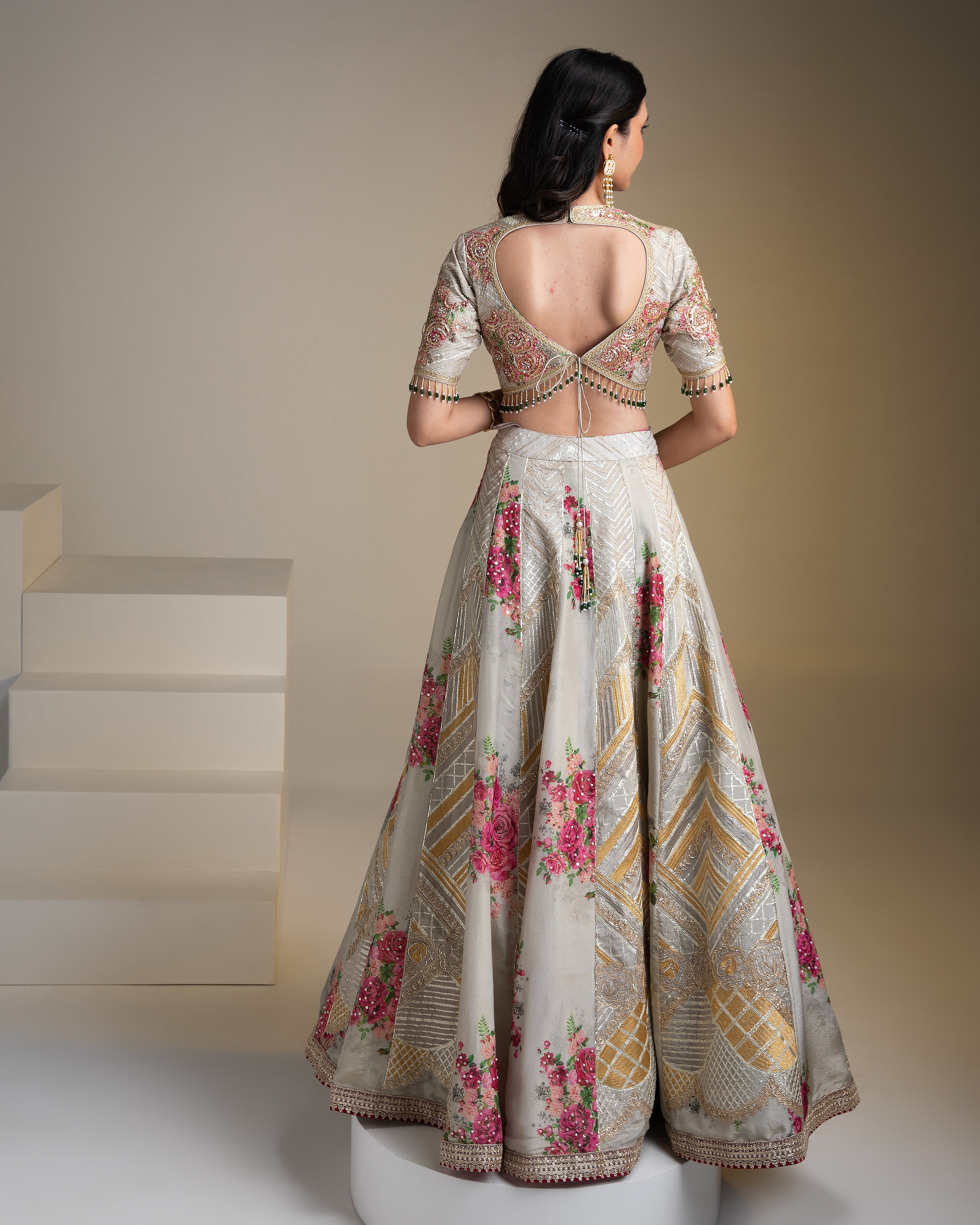 Opulent Silver Tissue Lehenga Set with Vibrant Floral Print and Zari Work - Mokshaa