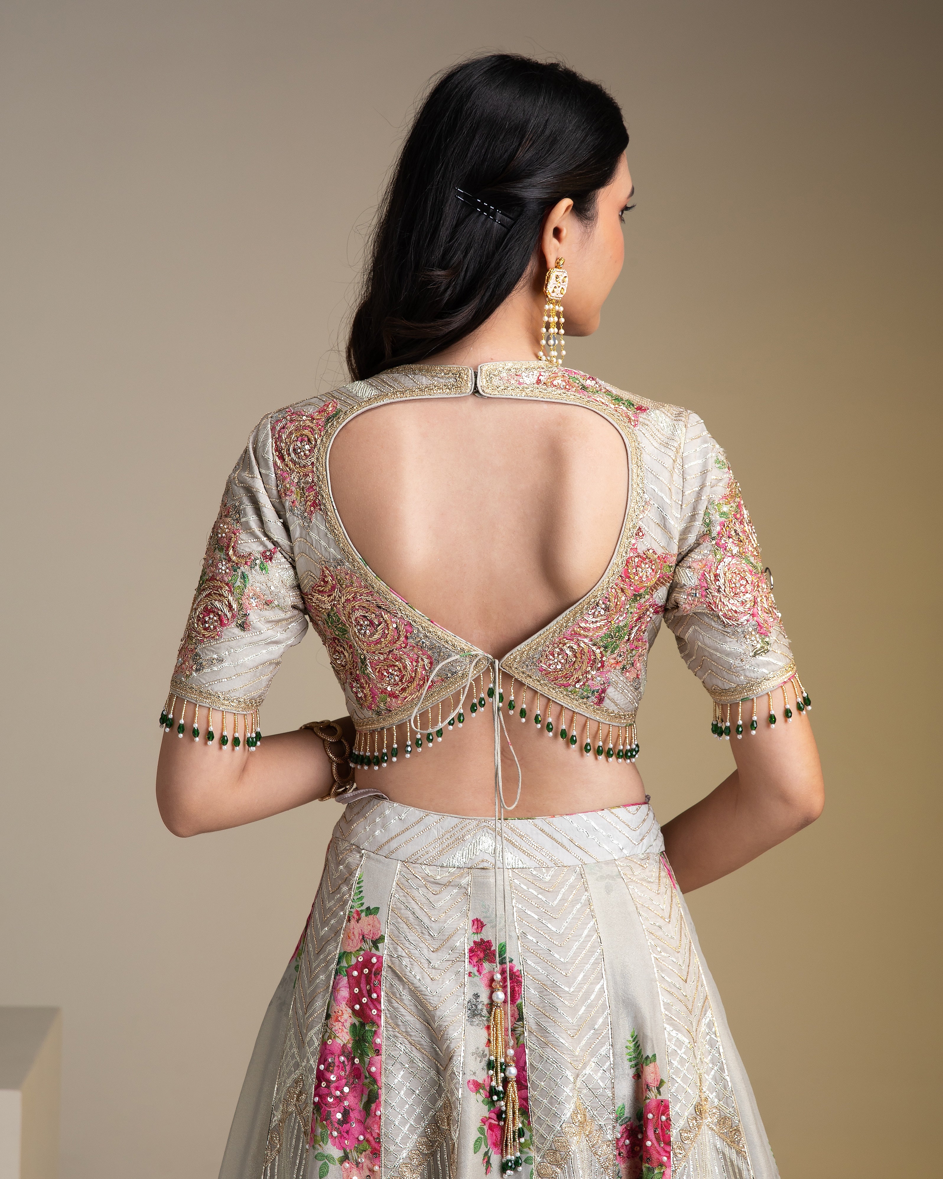 Opulent Silver Tissue Lehenga Set with Vibrant Floral Print and Zari Work - Mokshaa