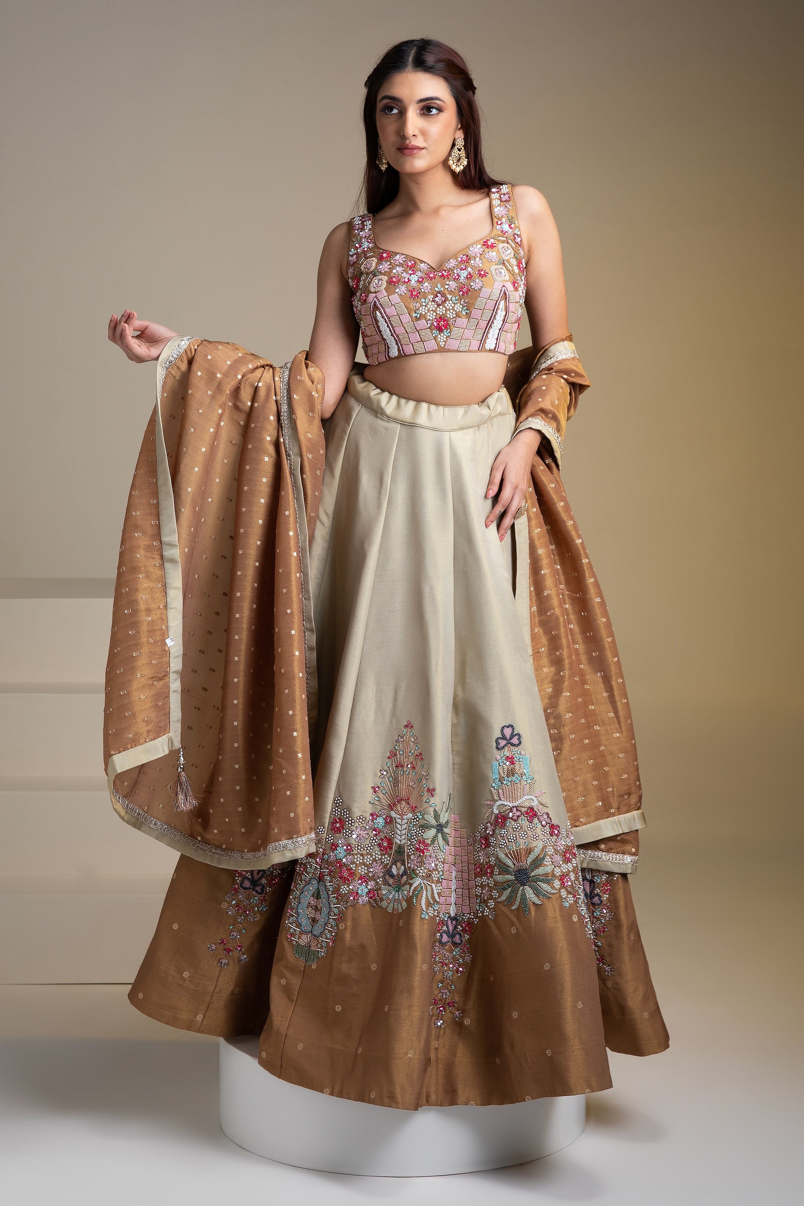 Beige and Copper Silk Lehenga Set with Intricate Floral Embroidery - Mokshaa