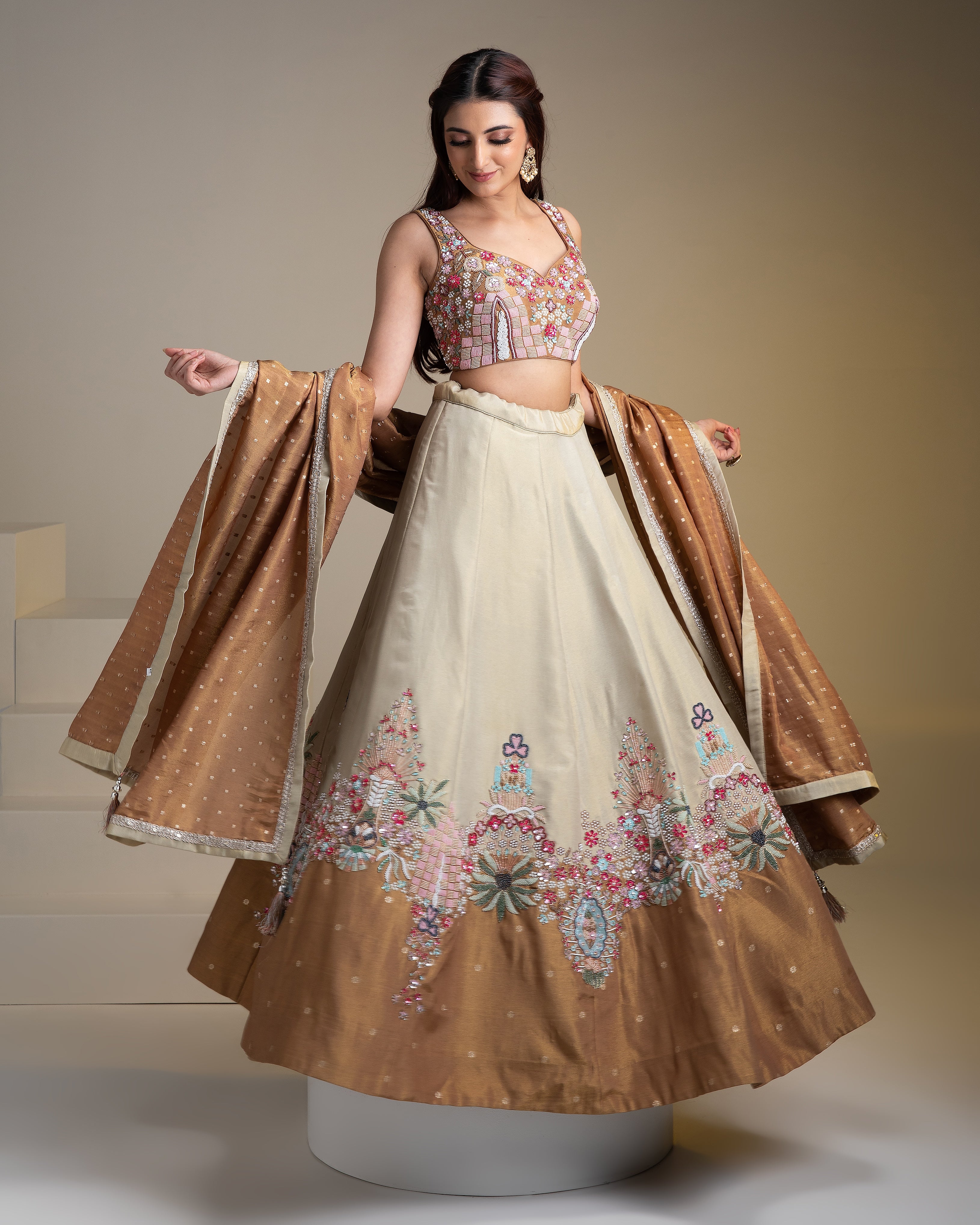 Beige and Copper Silk Lehenga Set with Intricate Floral Embroidery - Mokshaa