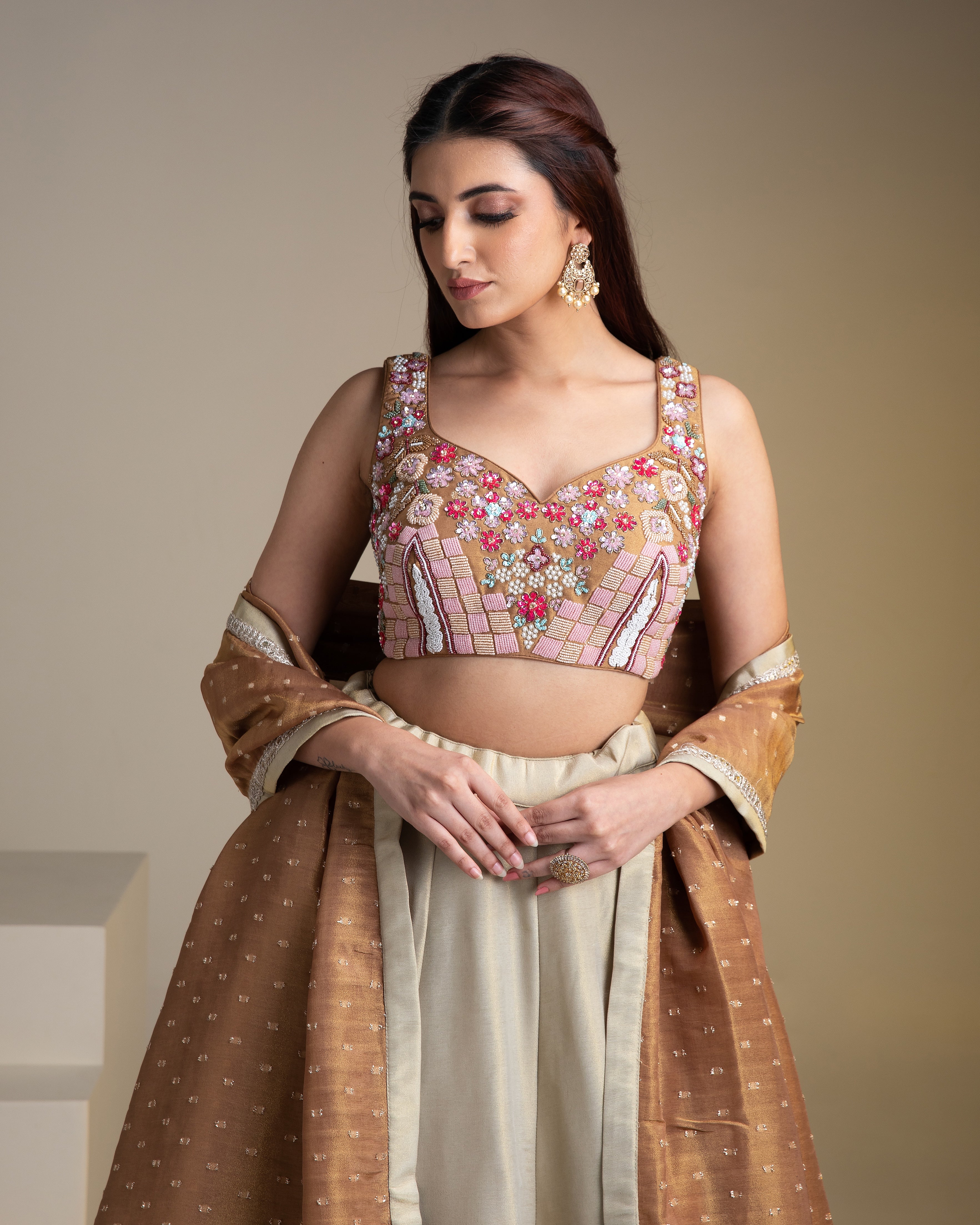 Beige and Copper Silk Lehenga Set with Intricate Floral Embroidery - Mokshaa