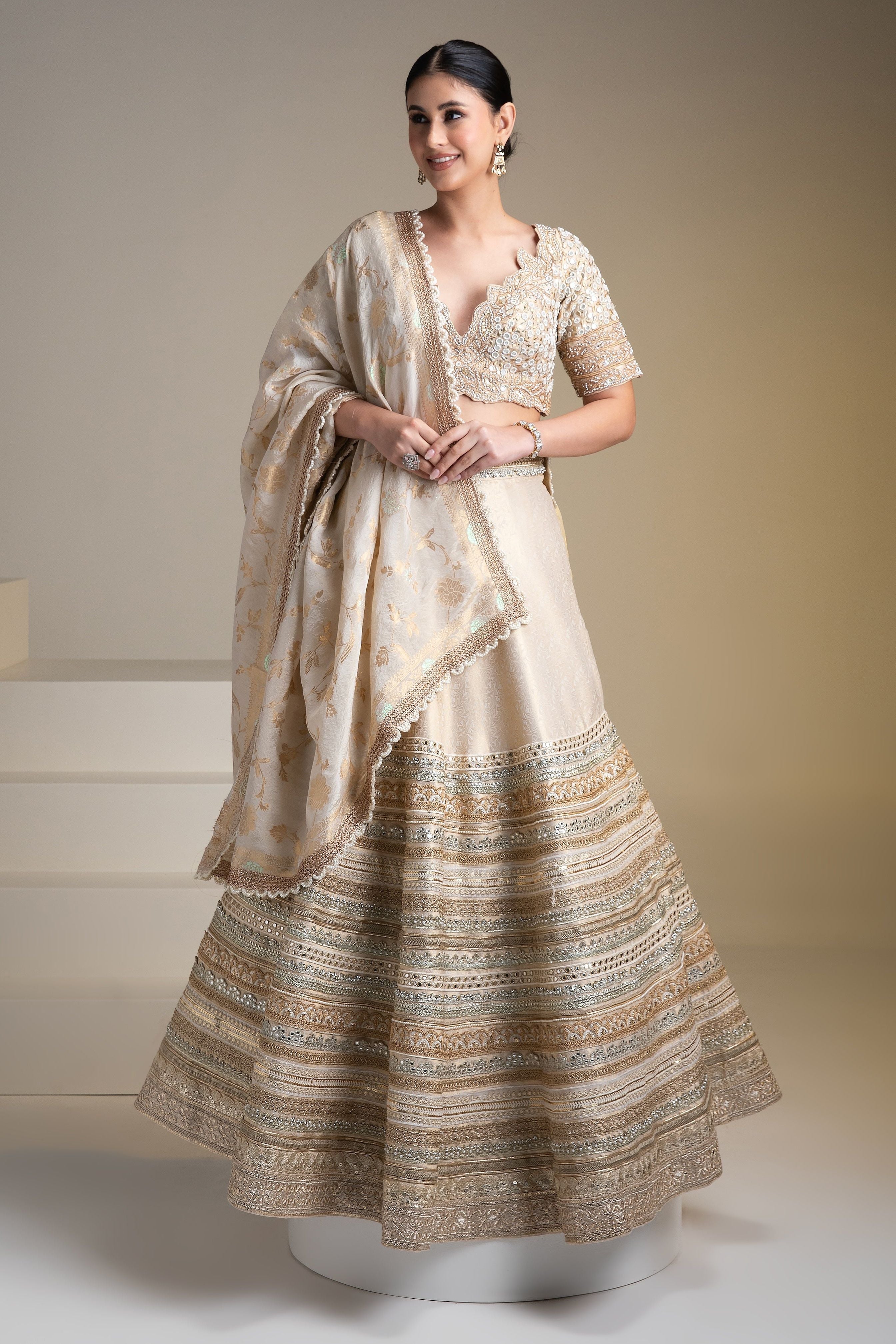 Ivory Banarasi Silk Lehenga Set with Zari and Mirror Detailing - Mokshaa