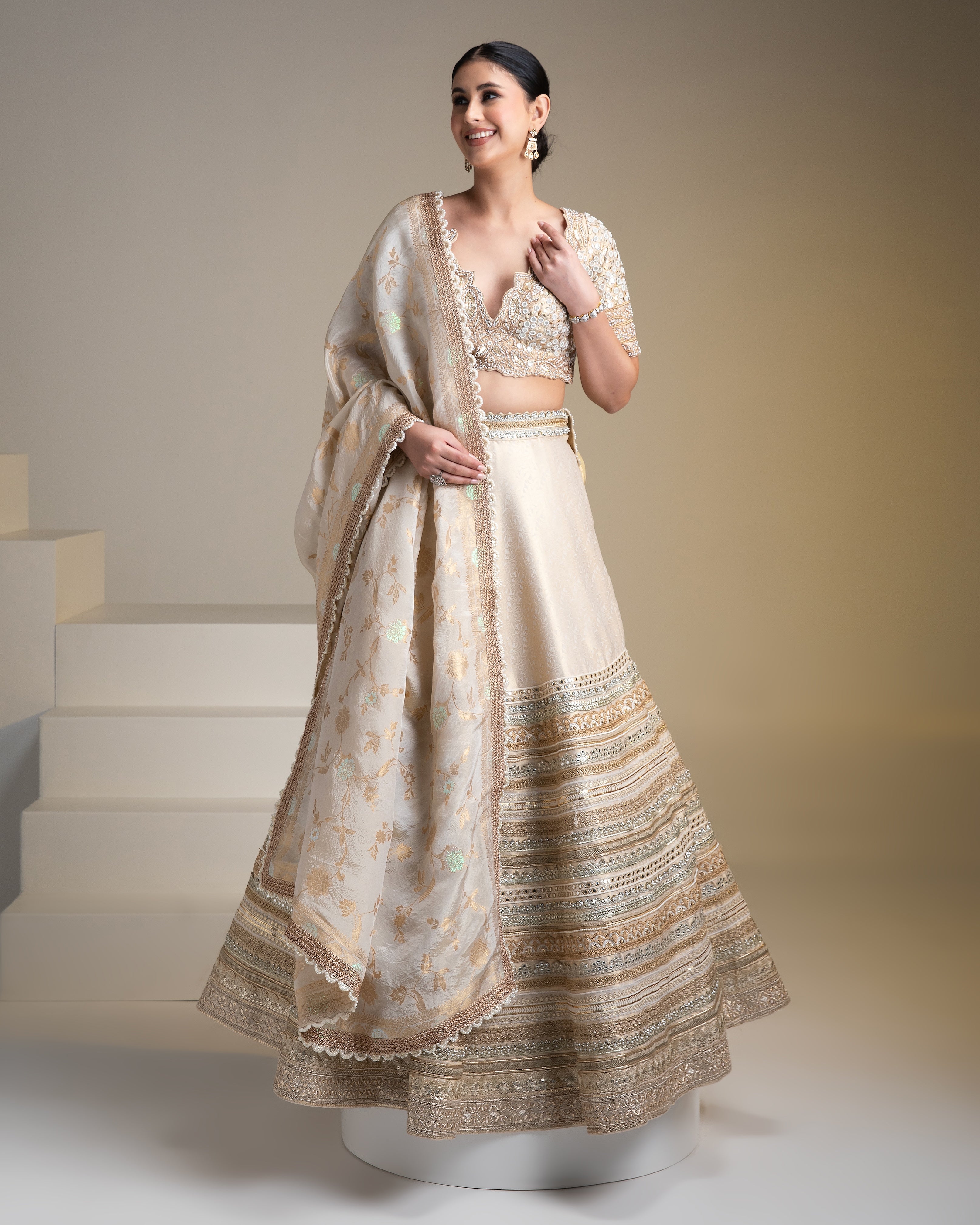 Ivory Banarasi Silk Lehenga Set with Zari and Mirror Detailing - Mokshaa