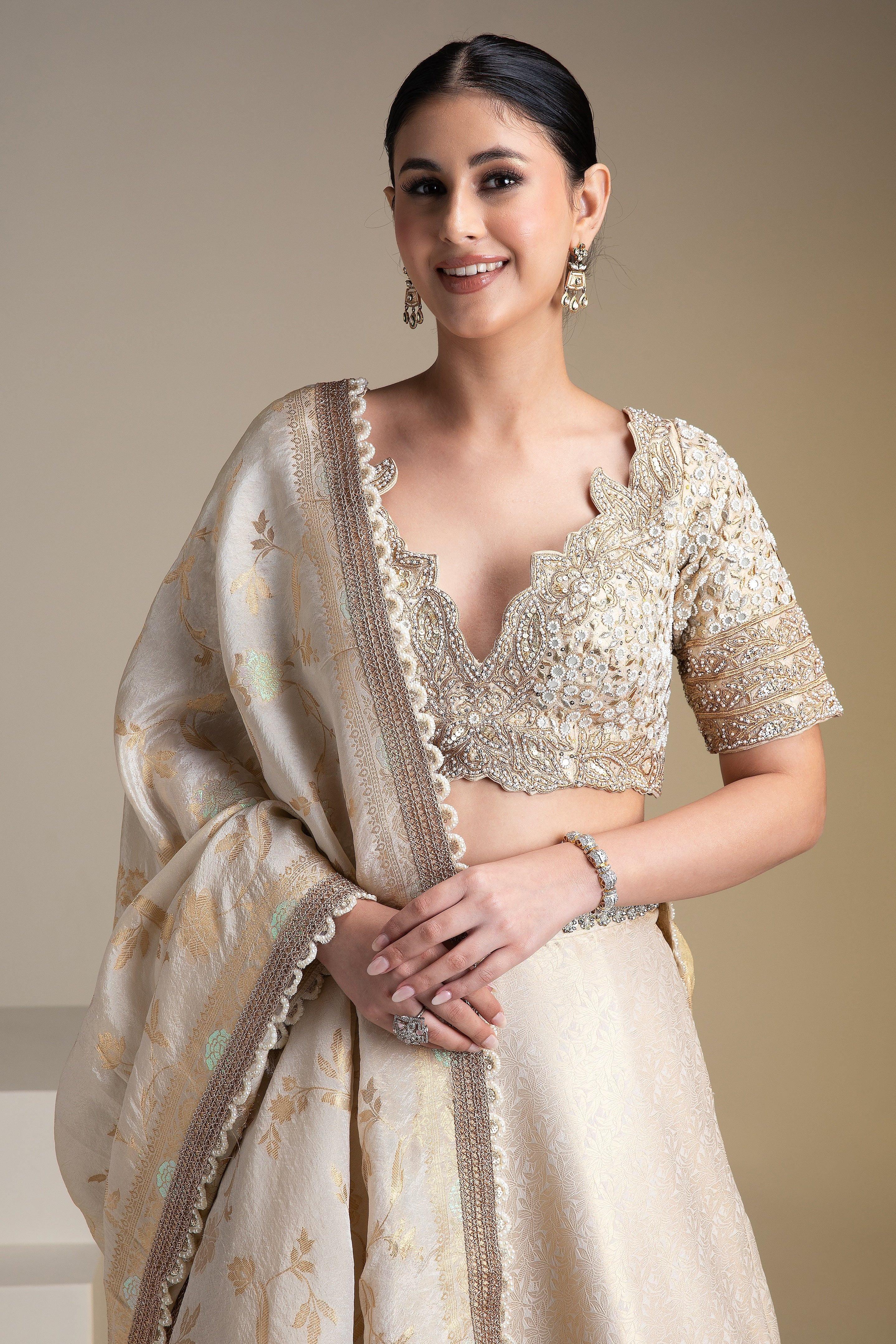 Ivory Banarasi Silk Lehenga Set with Zari and Mirror Detailing - Mokshaa