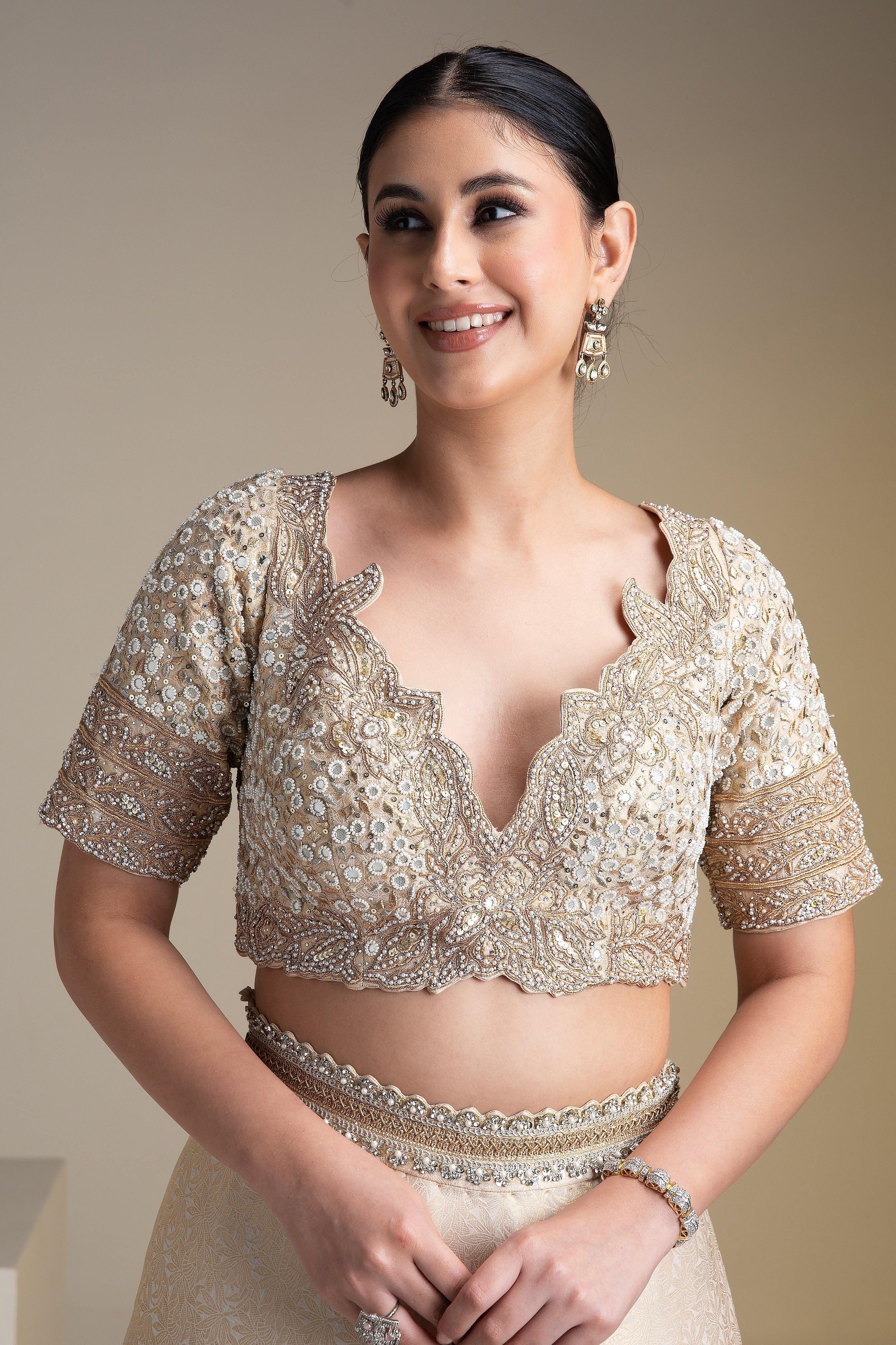 Ivory Banarasi Silk Lehenga Set with Zari and Mirror Detailing - Mokshaa