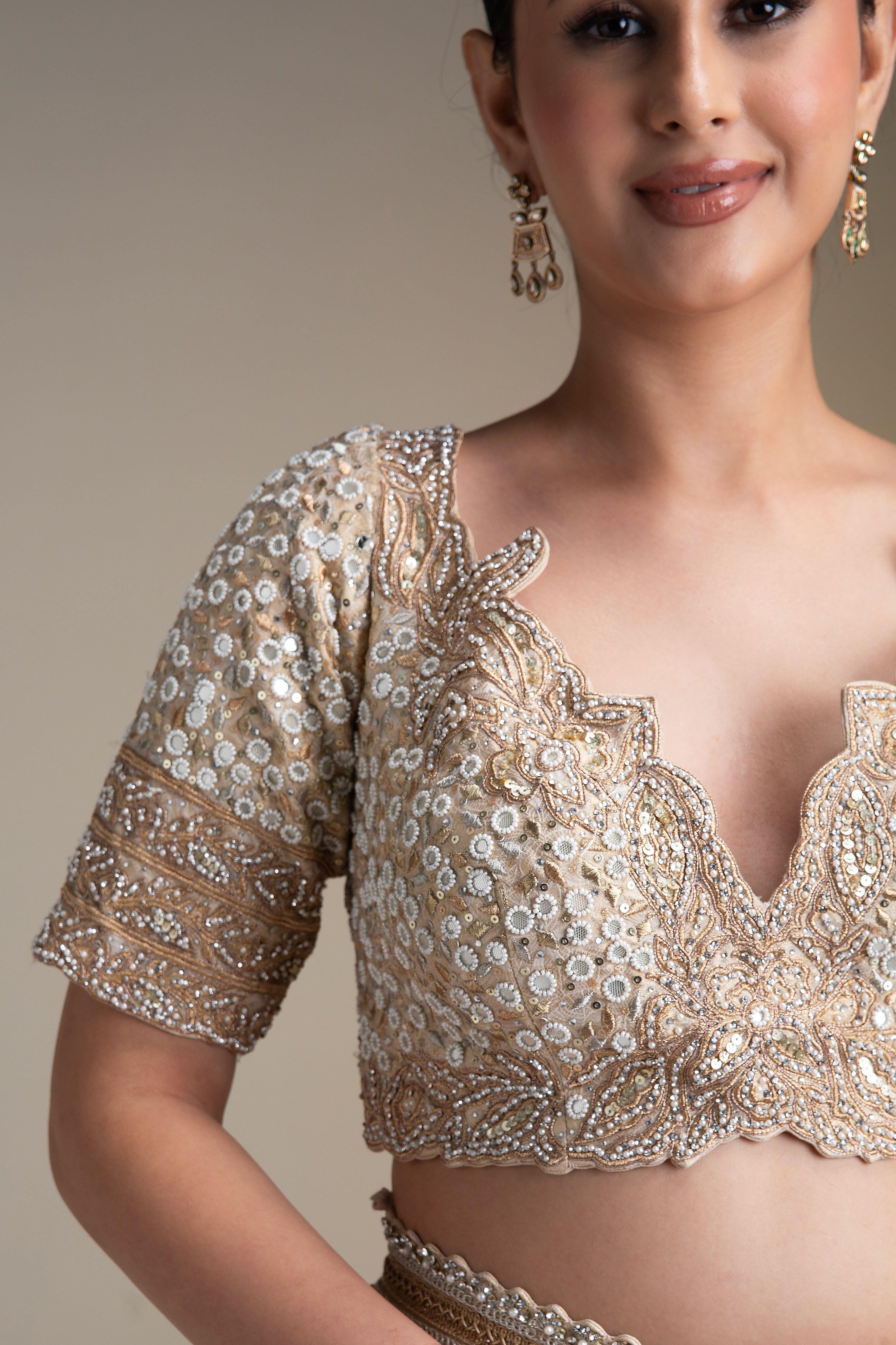 Ivory Banarasi Silk Lehenga Set with Zari and Mirror Detailing - Mokshaa