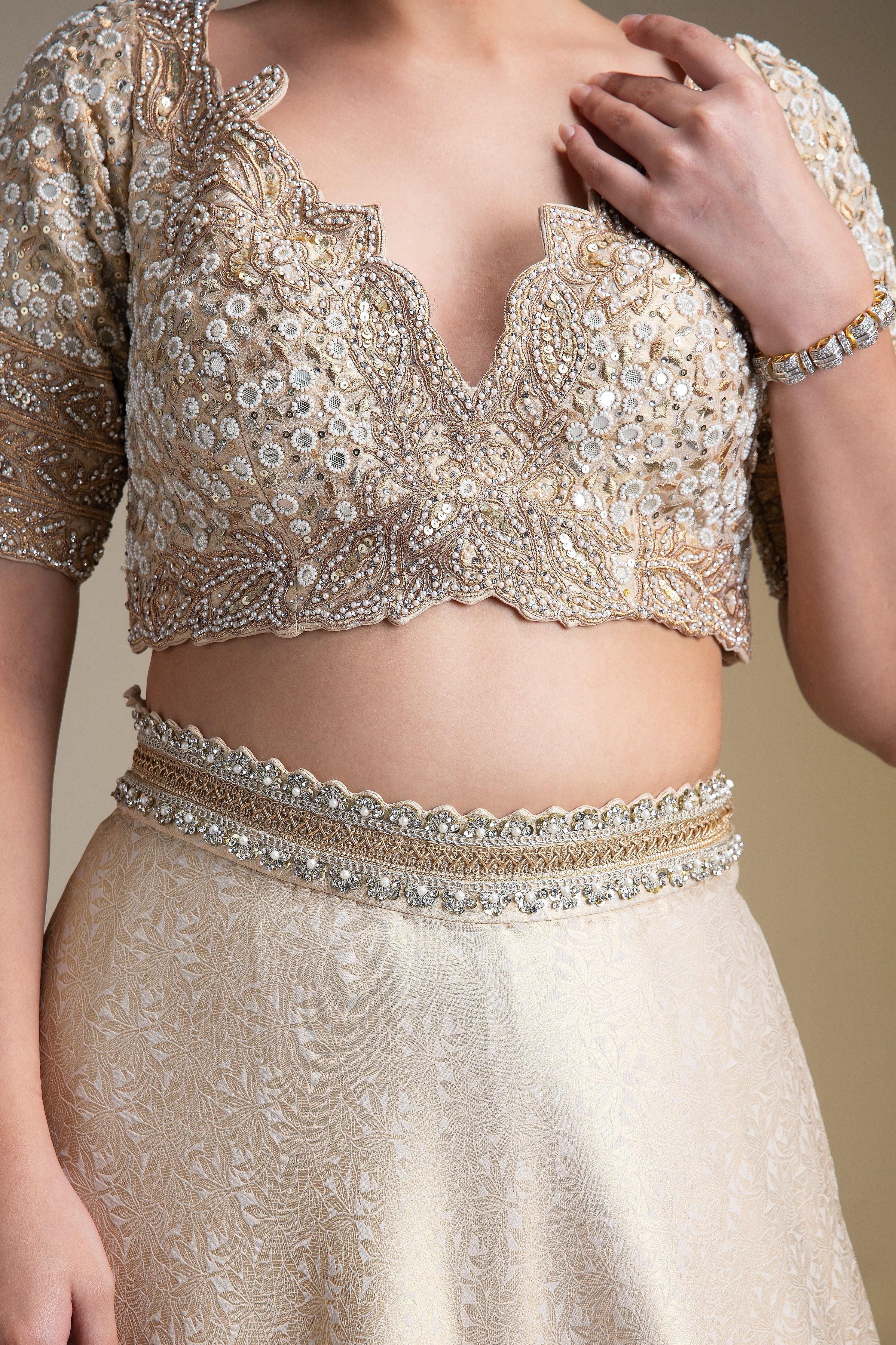 Ivory Banarasi Silk Lehenga Set with Zari and Mirror Detailing - Mokshaa