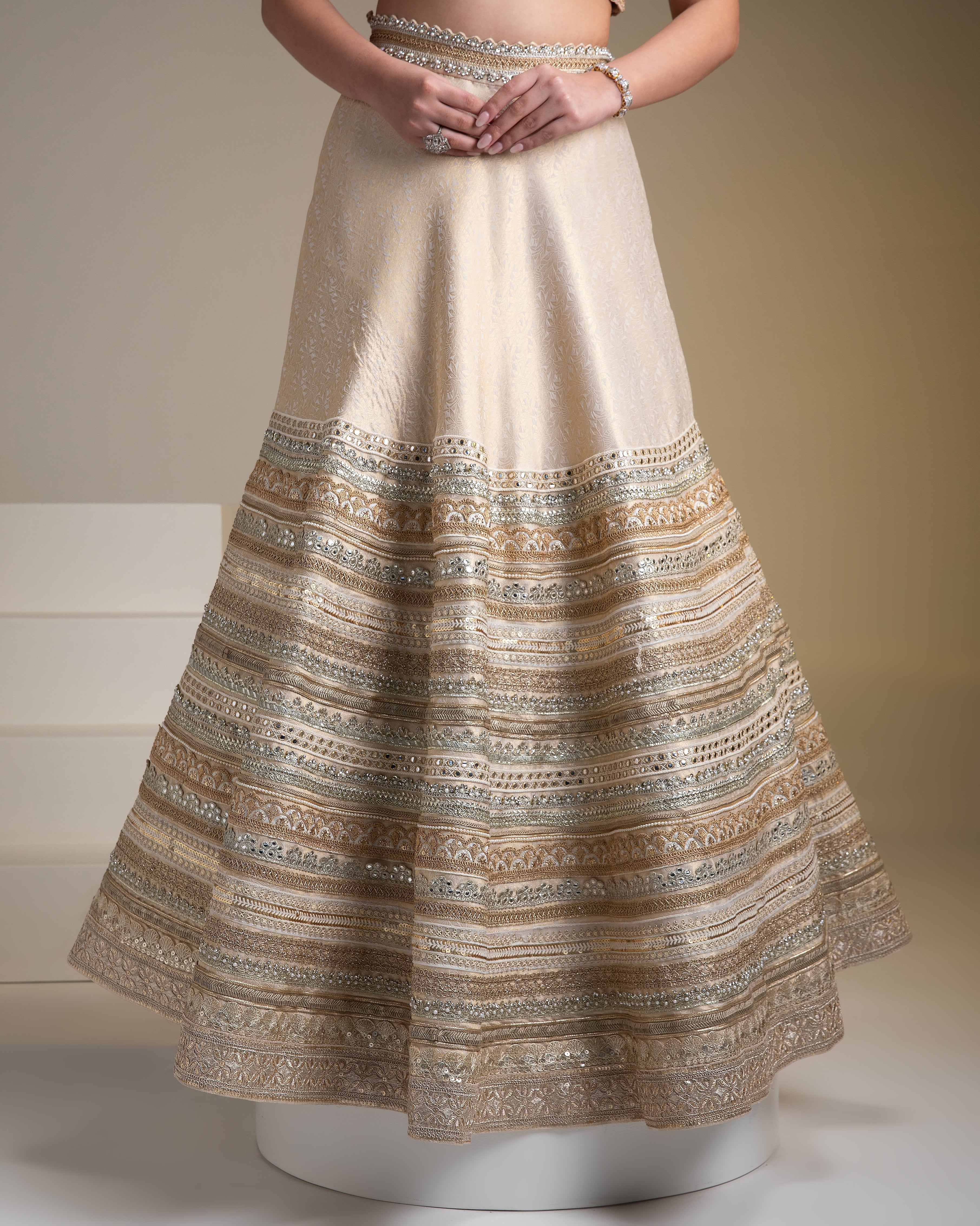 Ivory Banarasi Silk Lehenga Set with Zari and Mirror Detailing - Mokshaa