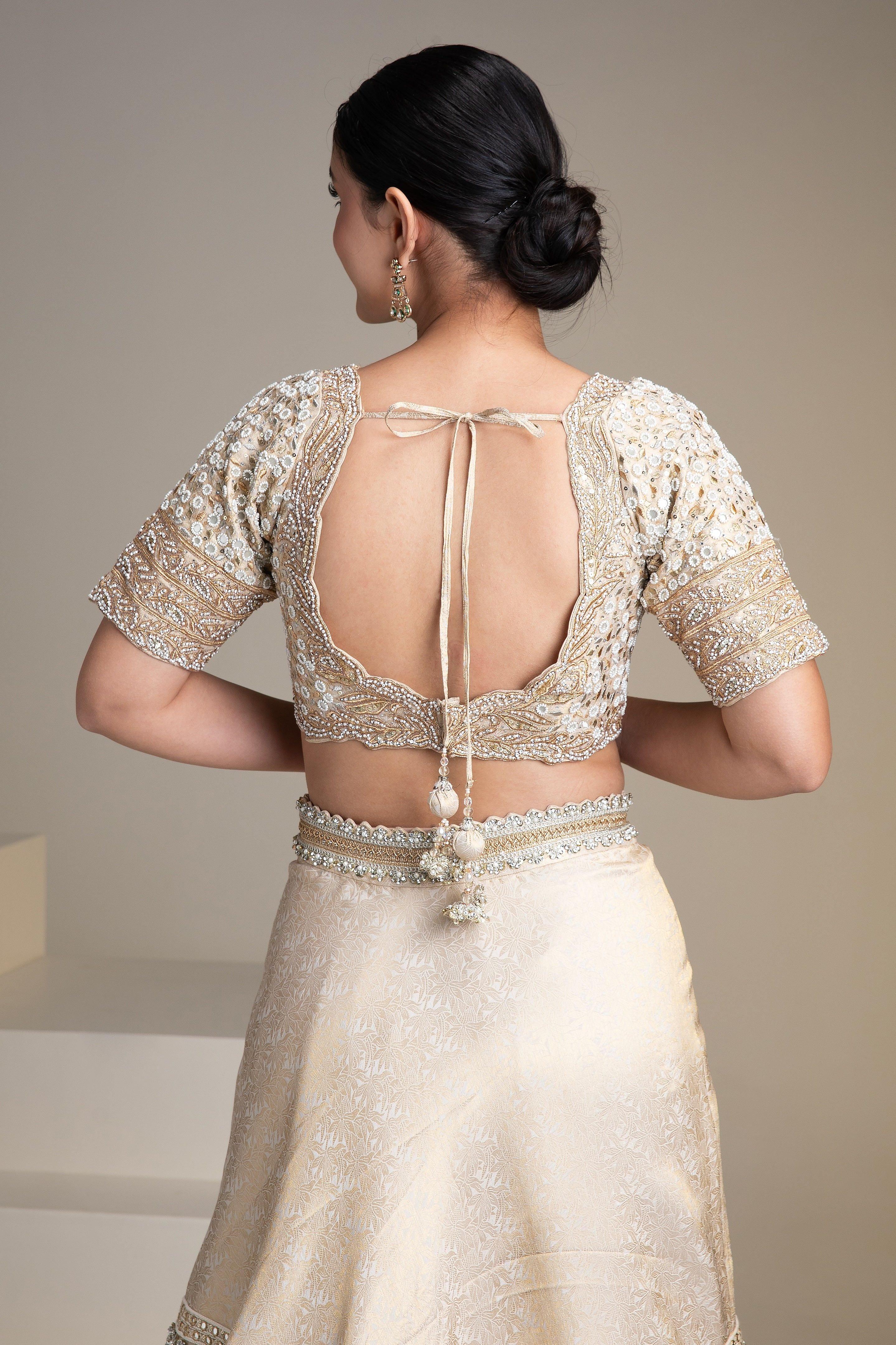Ivory Banarasi Silk Lehenga Set with Zari and Mirror Detailing - Mokshaa