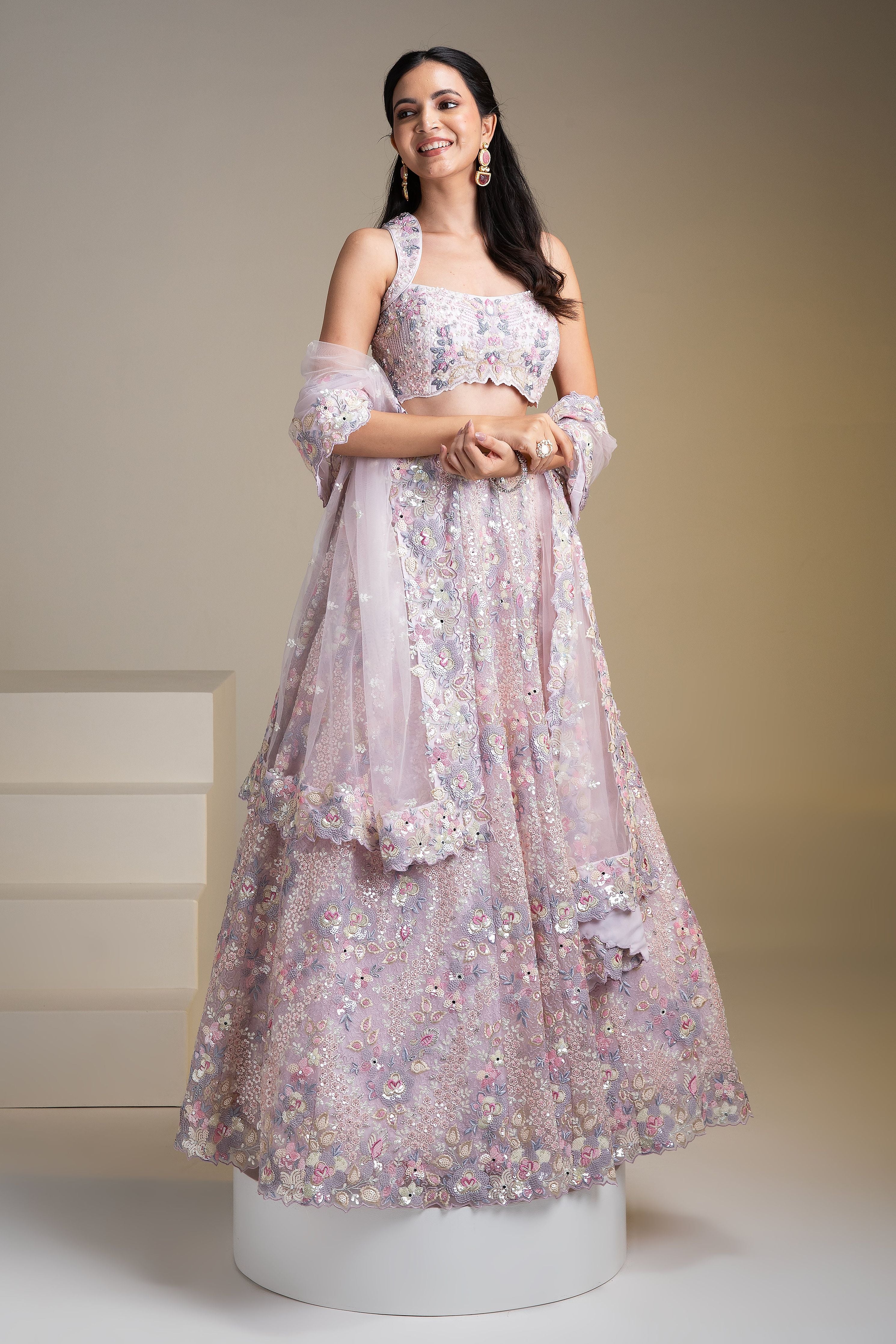 Pastel Pink Net Lehenga Set with Floral Embroidery and Sequins - Mokshaa