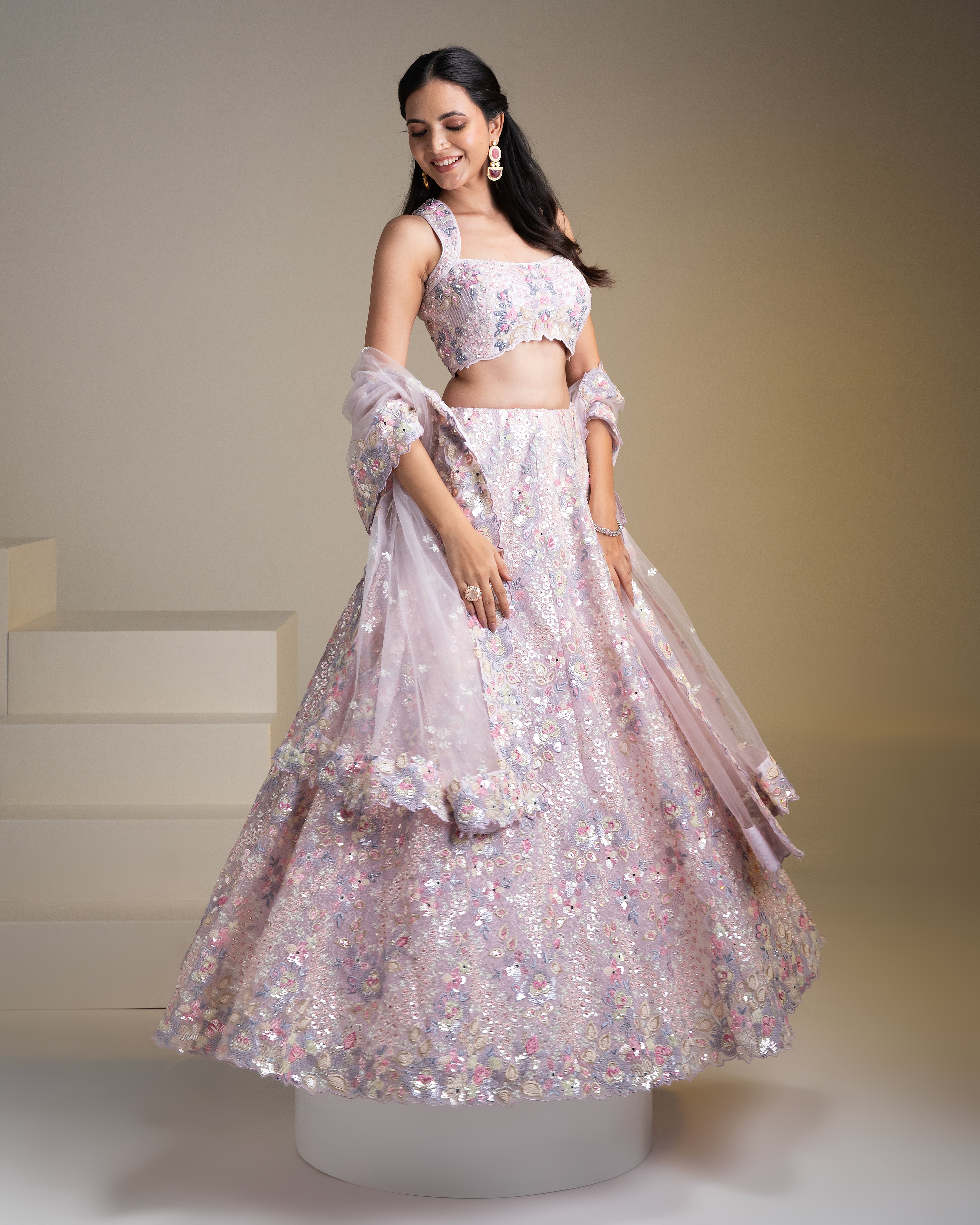 Pastel Pink Net Lehenga Set with Floral Embroidery and Sequins - Mokshaa