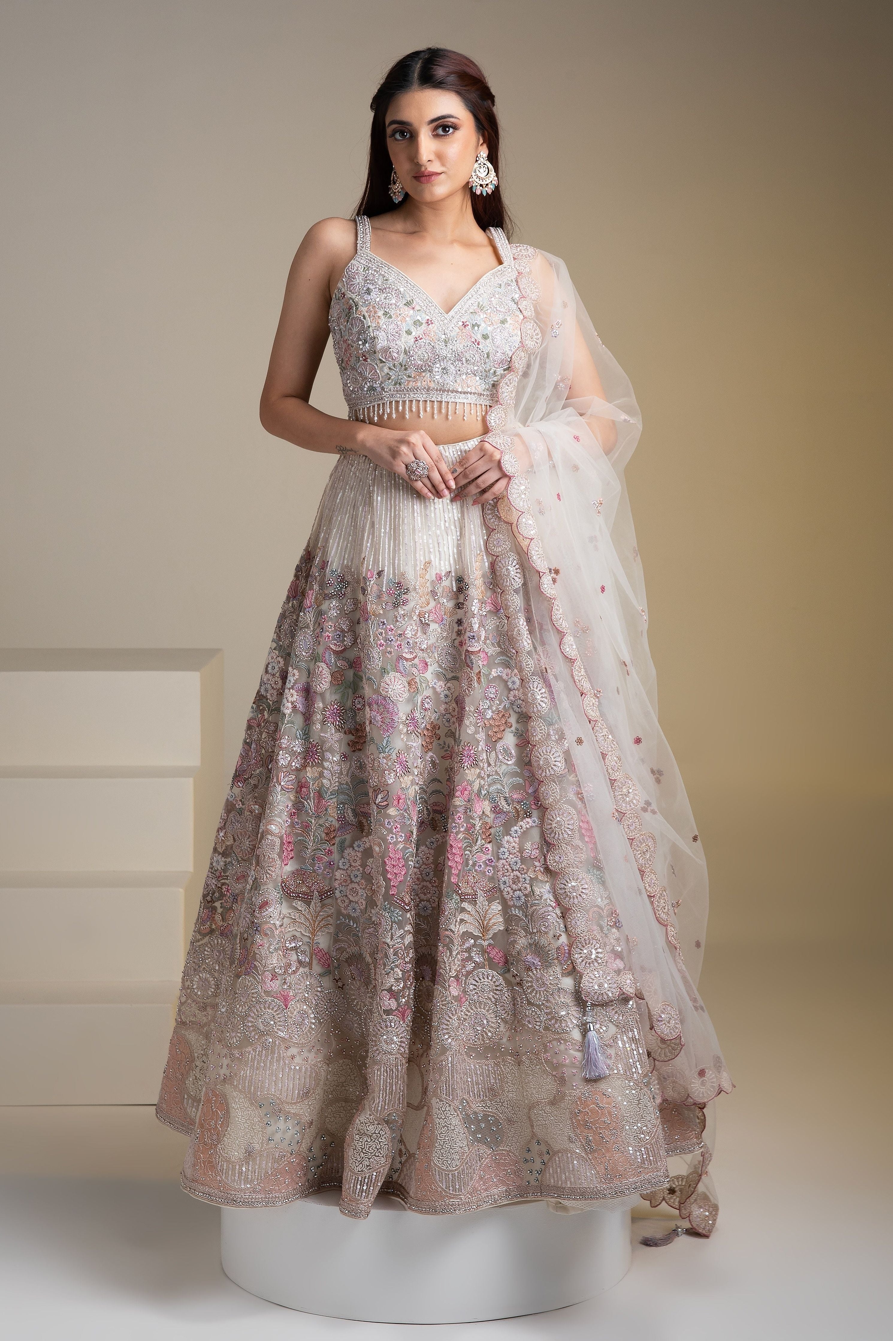 Off-White Floral Embroidered Net Lehenga Set - Mokshaa