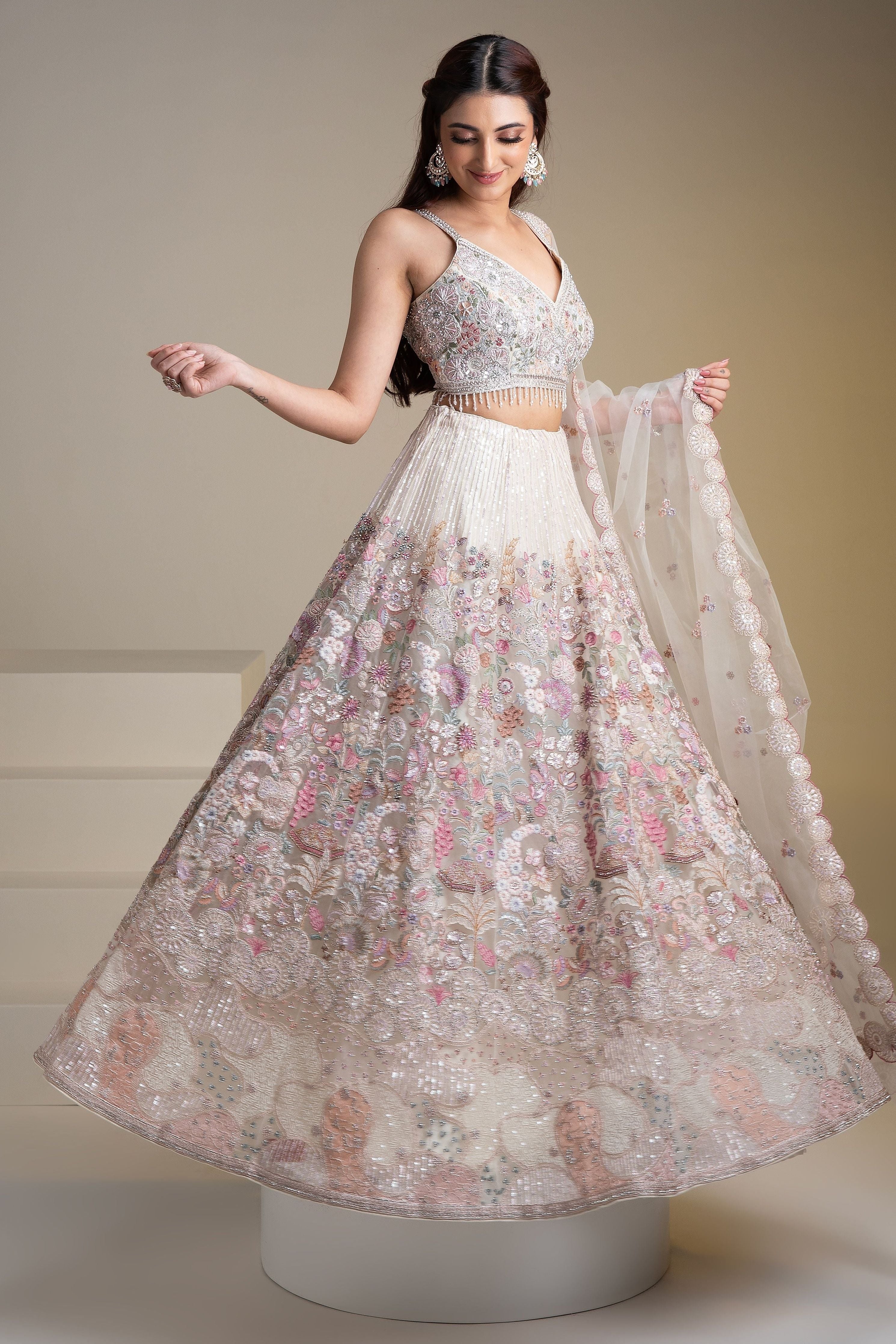 Off-White Floral Embroidered Net Lehenga Set - Mokshaa