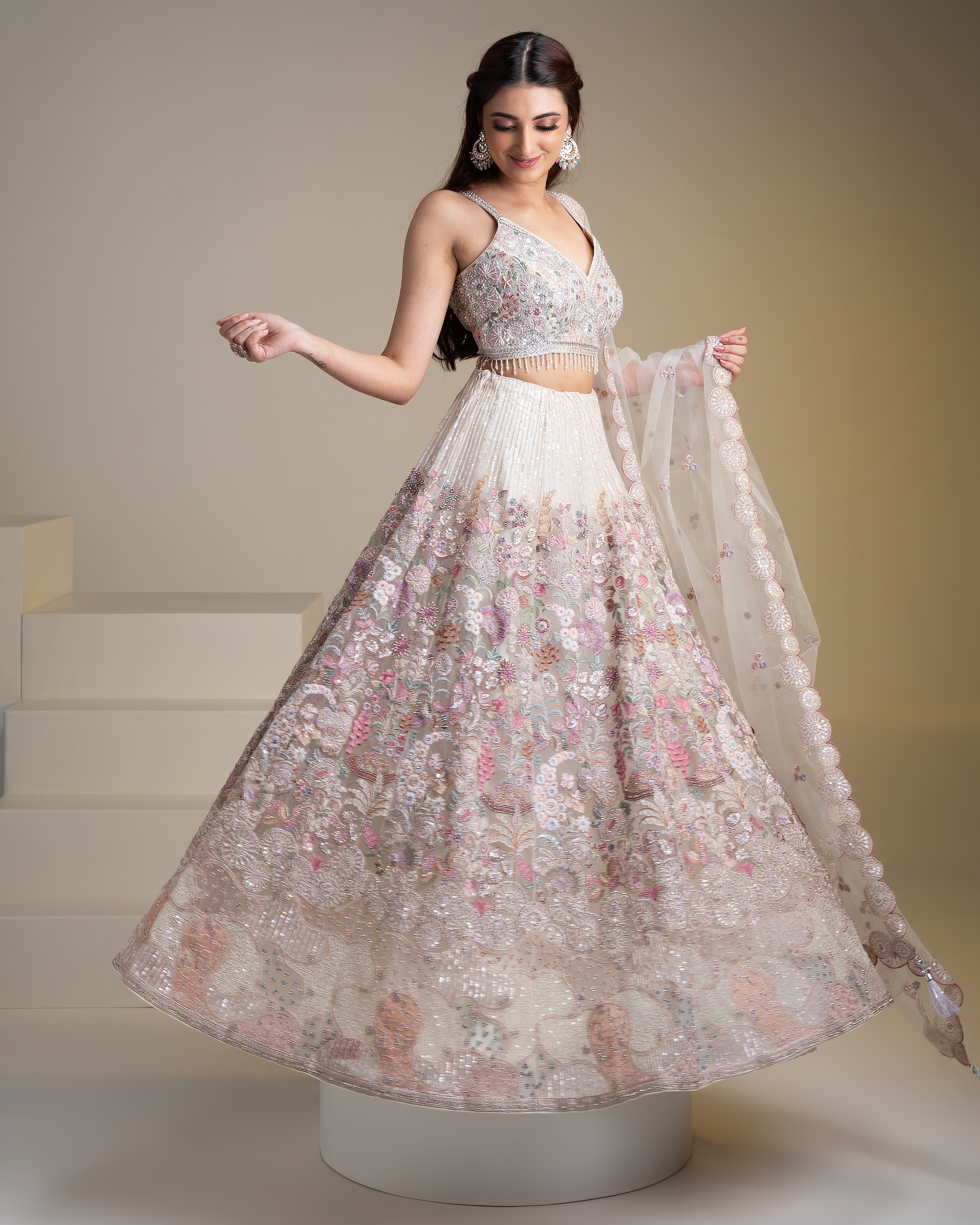 Off-White Floral Embroidered Net Lehenga Set - Mokshaa