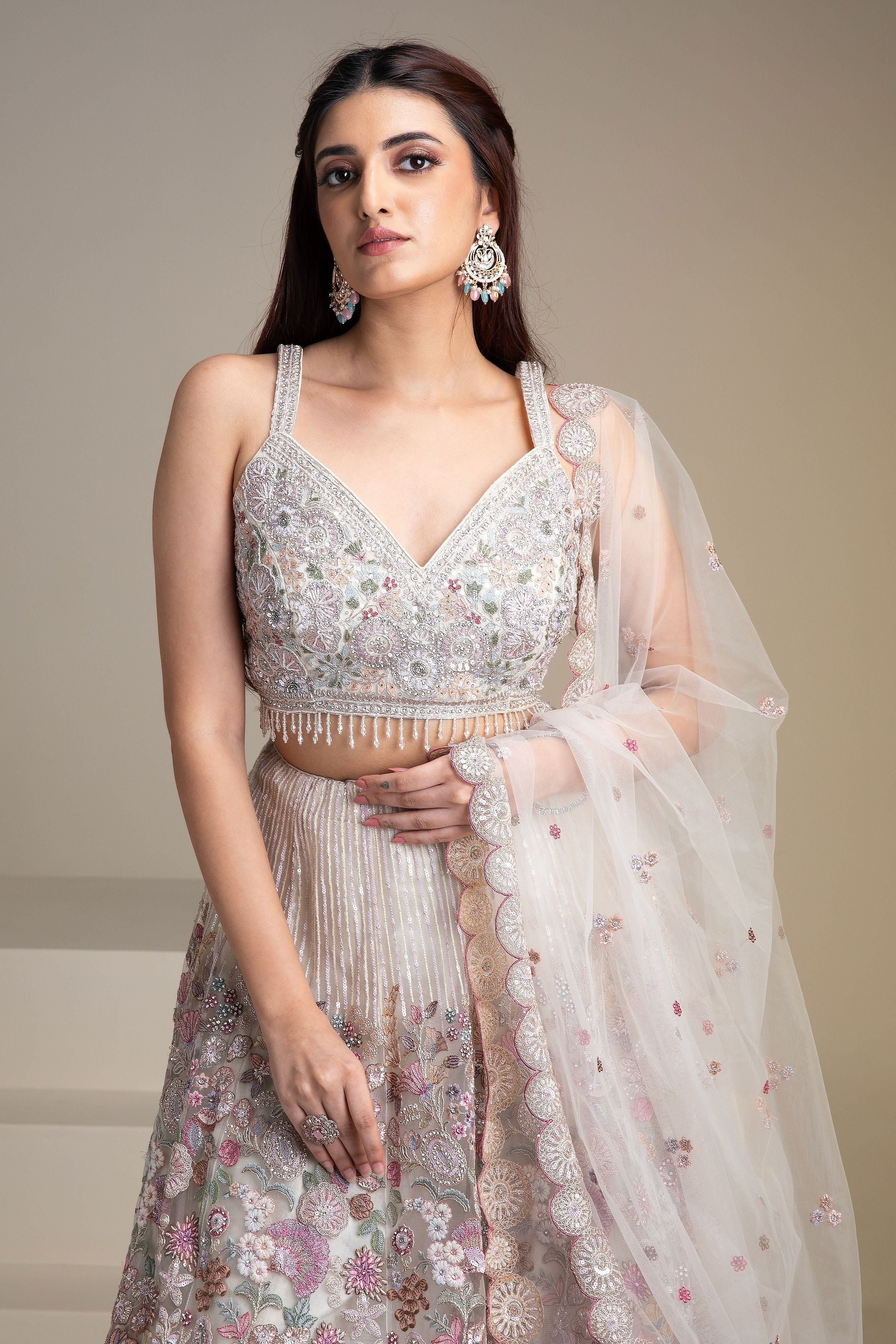 Off-White Floral Embroidered Net Lehenga Set - Mokshaa