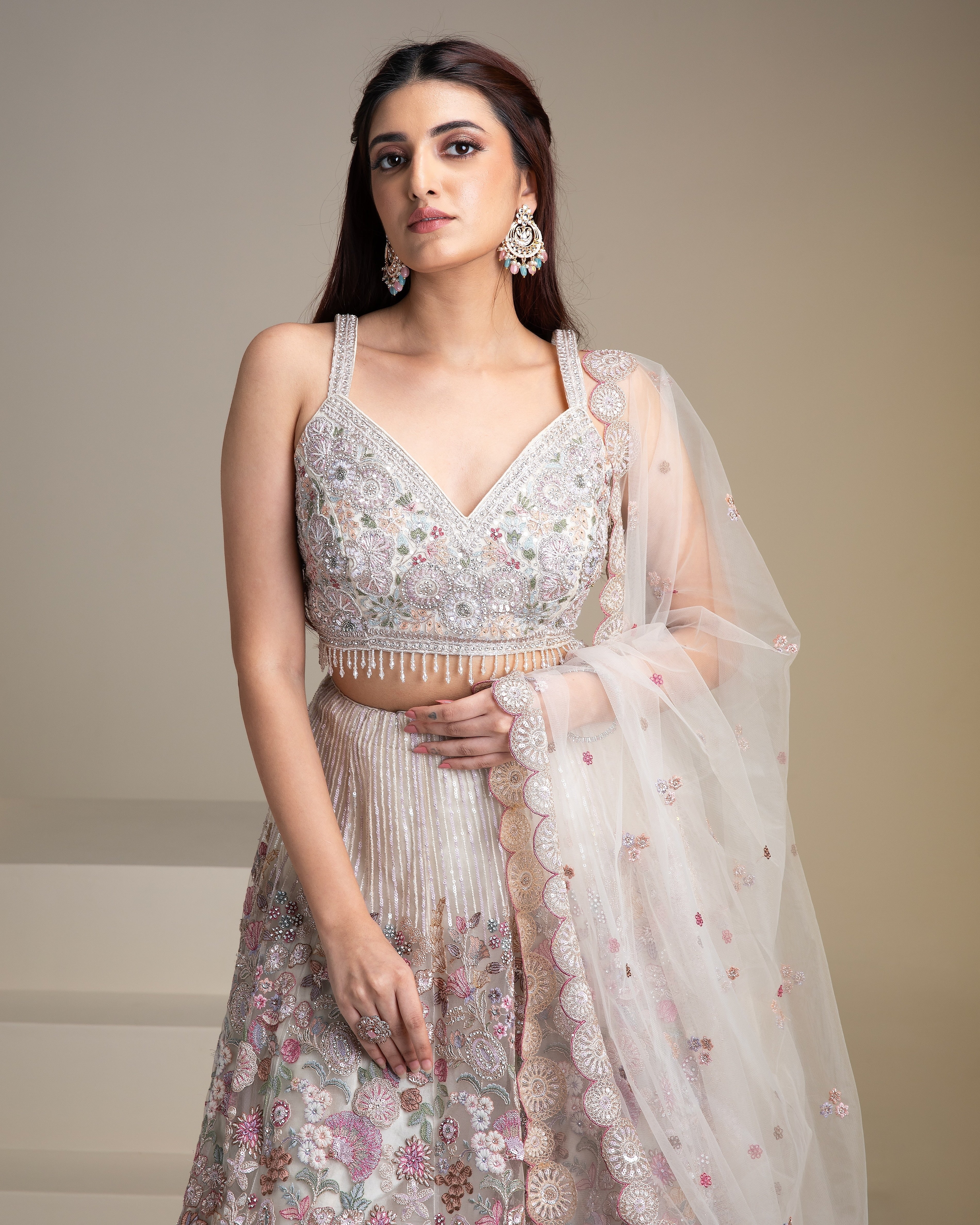 Off-White Floral Embroidered Net Lehenga Set - Mokshaa