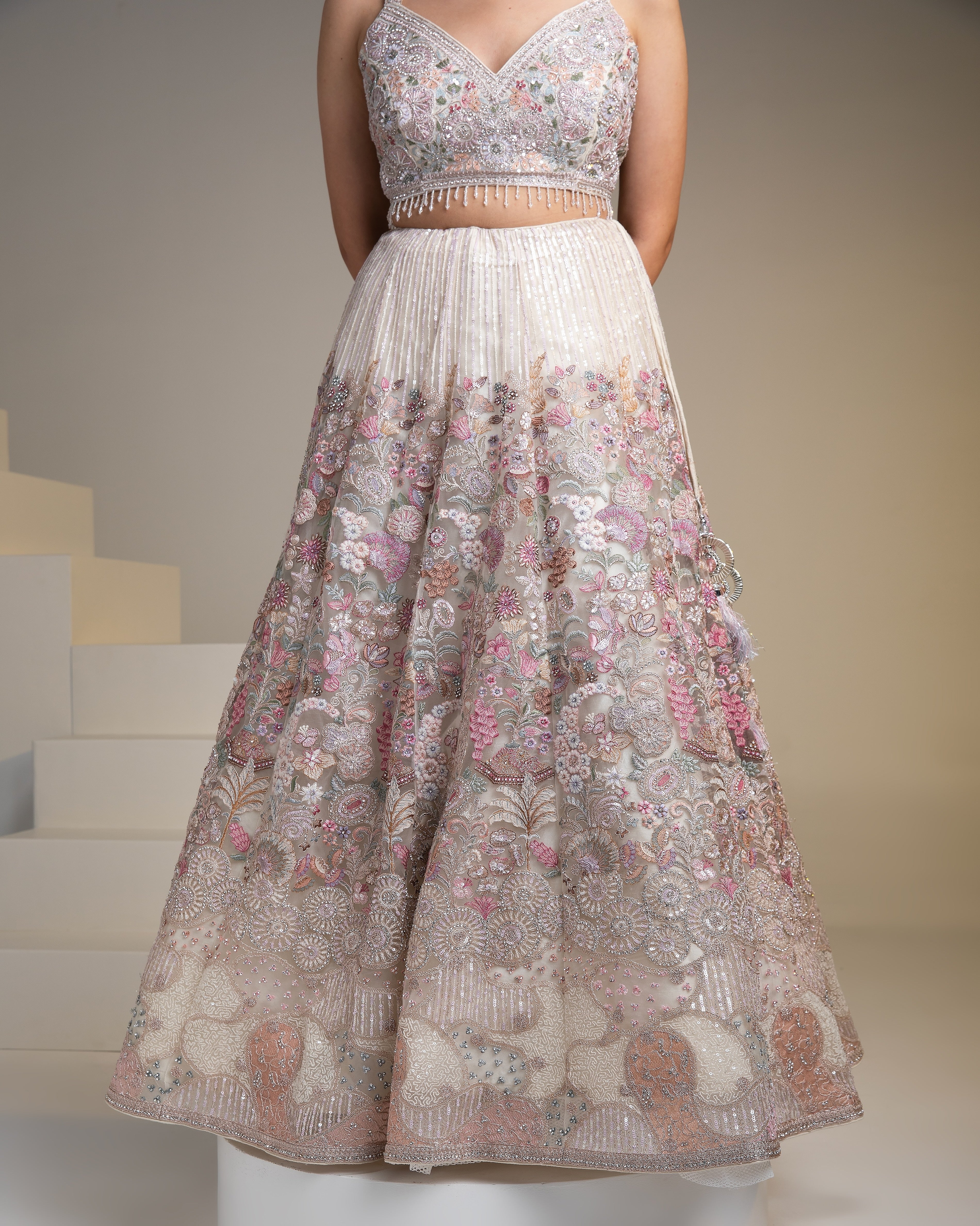 Off-White Floral Embroidered Net Lehenga Set - Mokshaa