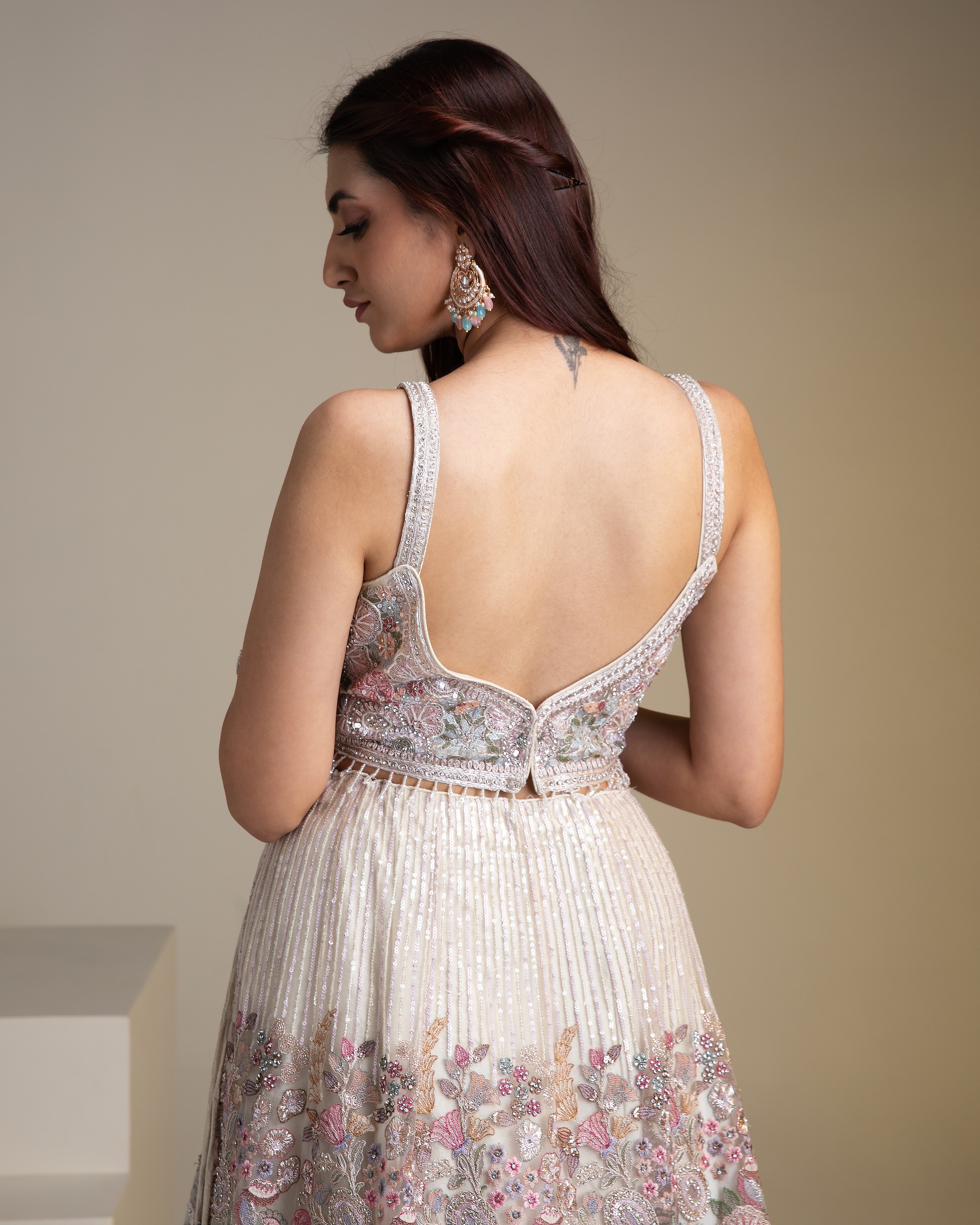 Off-White Floral Embroidered Net Lehenga Set - Mokshaa