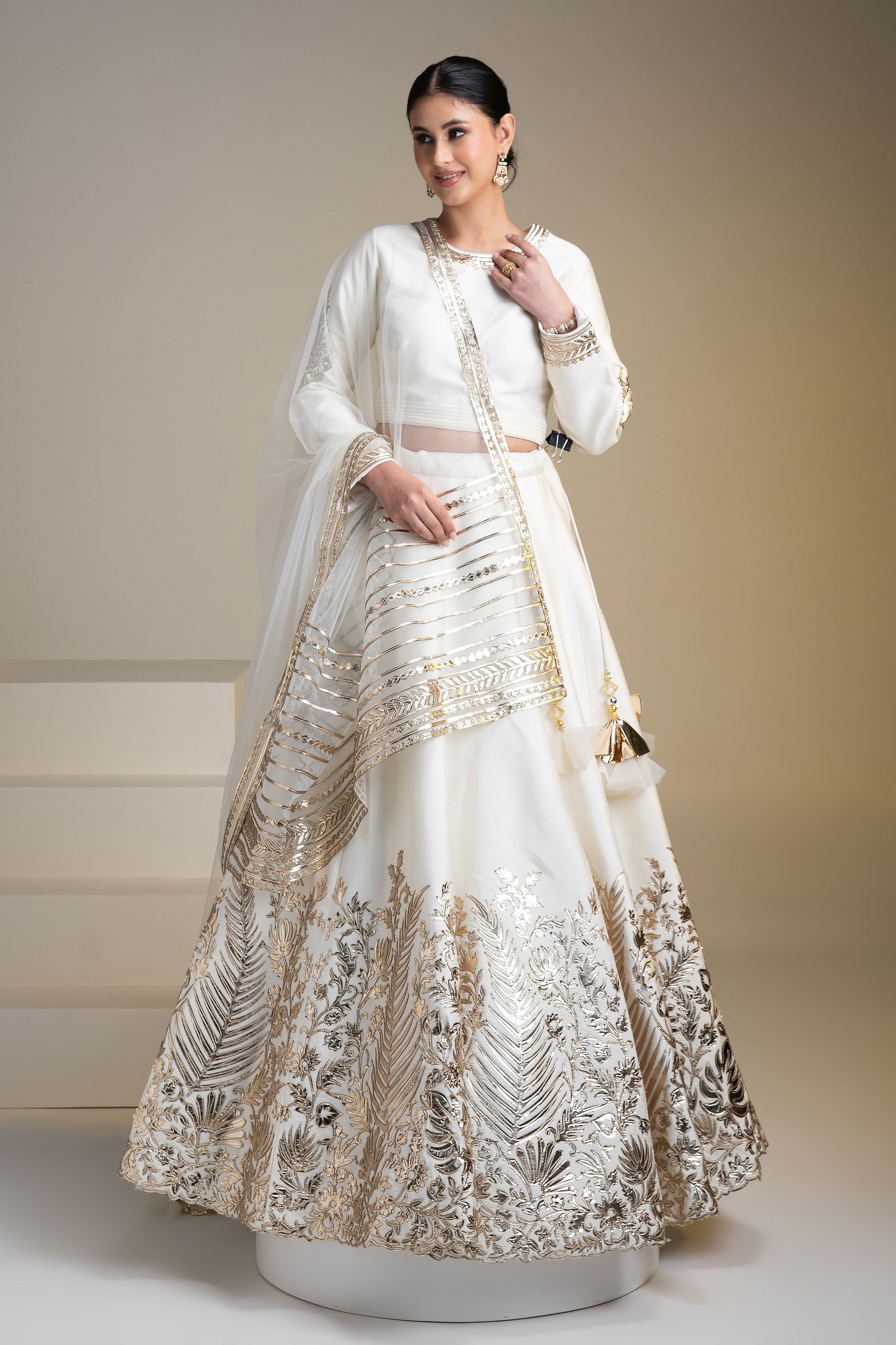 Pristine White Silk Lehenga Set with Metallic Gold Embroidery - Mokshaa