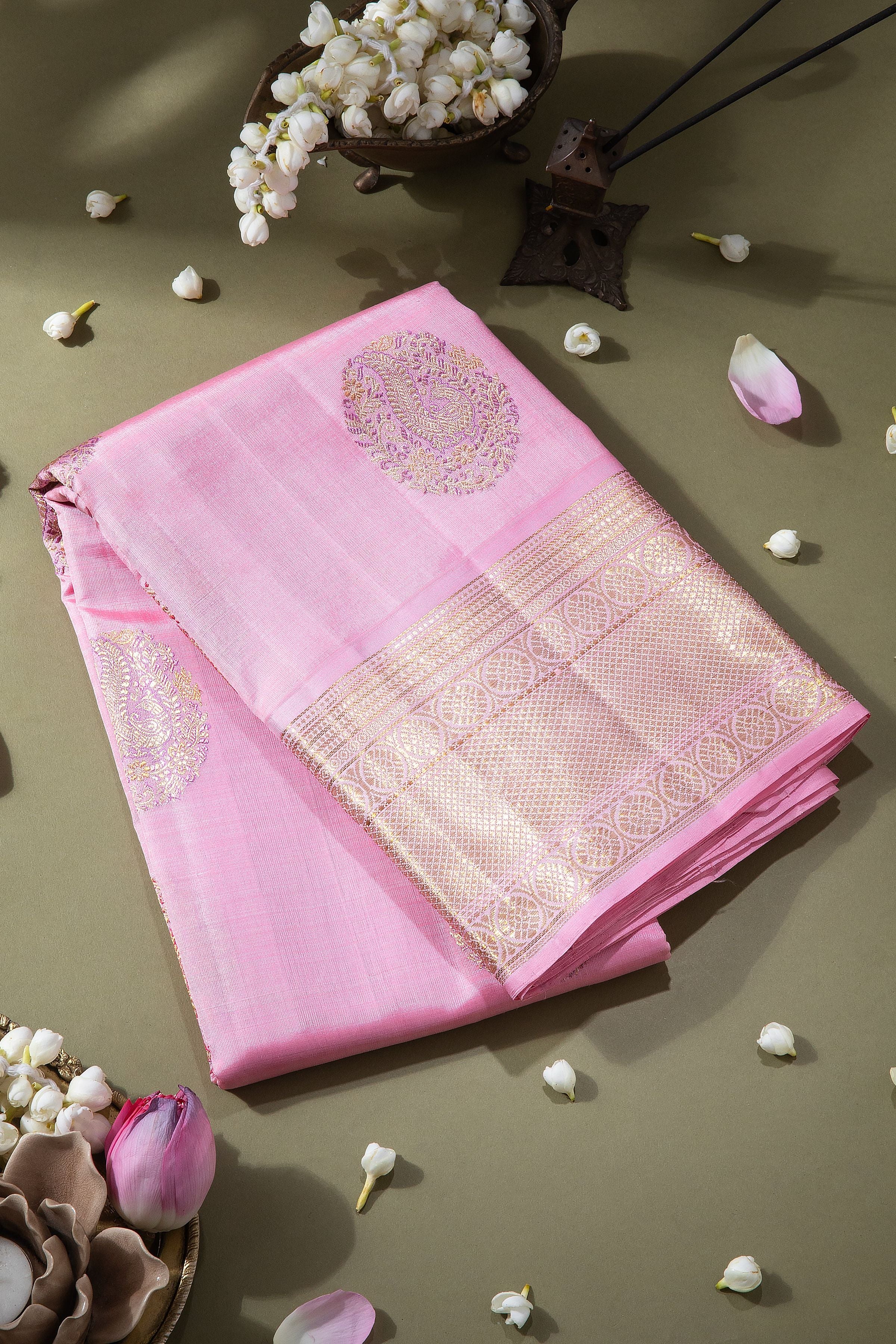 Light Pink Kanchipuram Silk Saree - Mokshaa