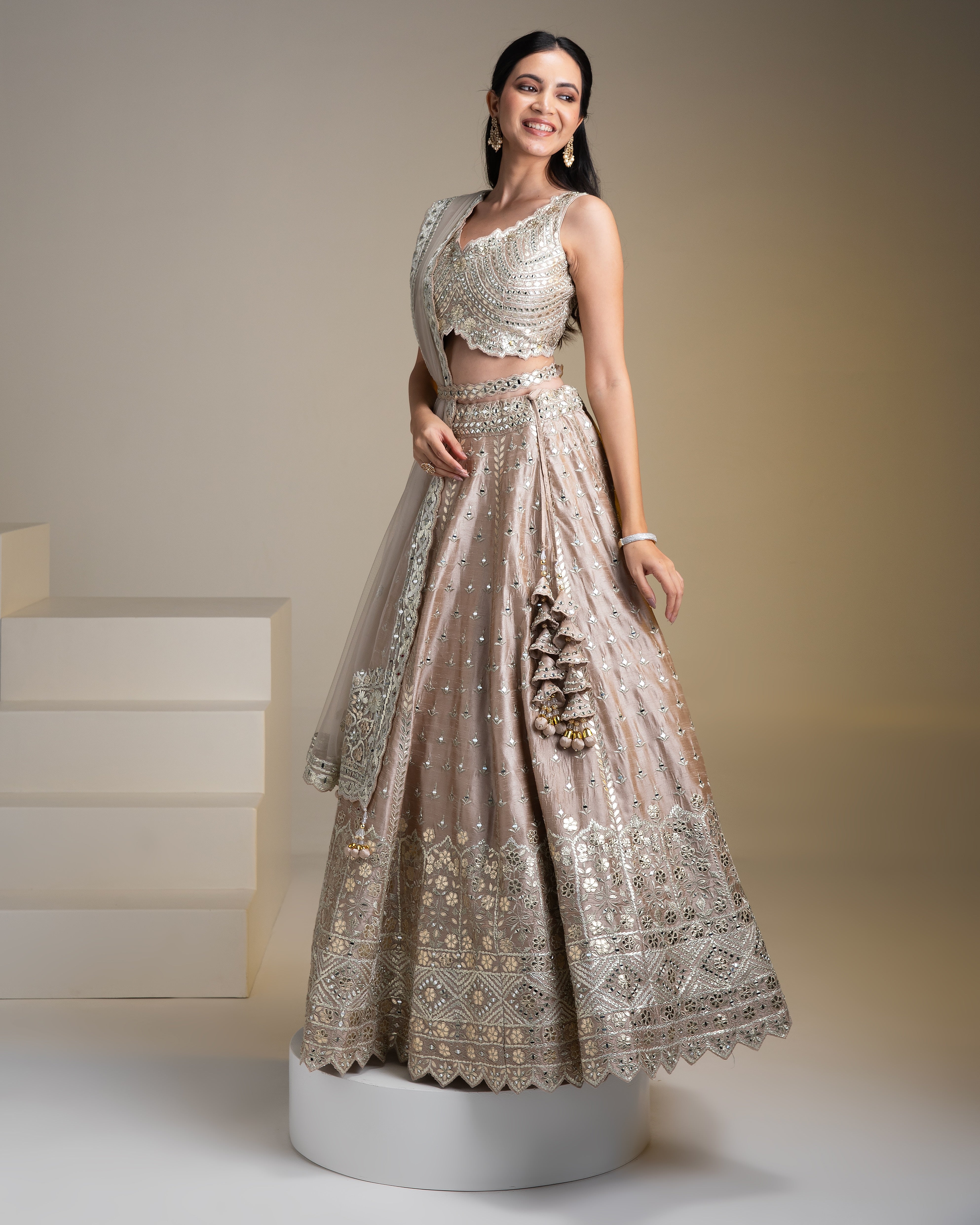 Beige Raw Silk Lehenga Set with Mirror Work - Mokshaa