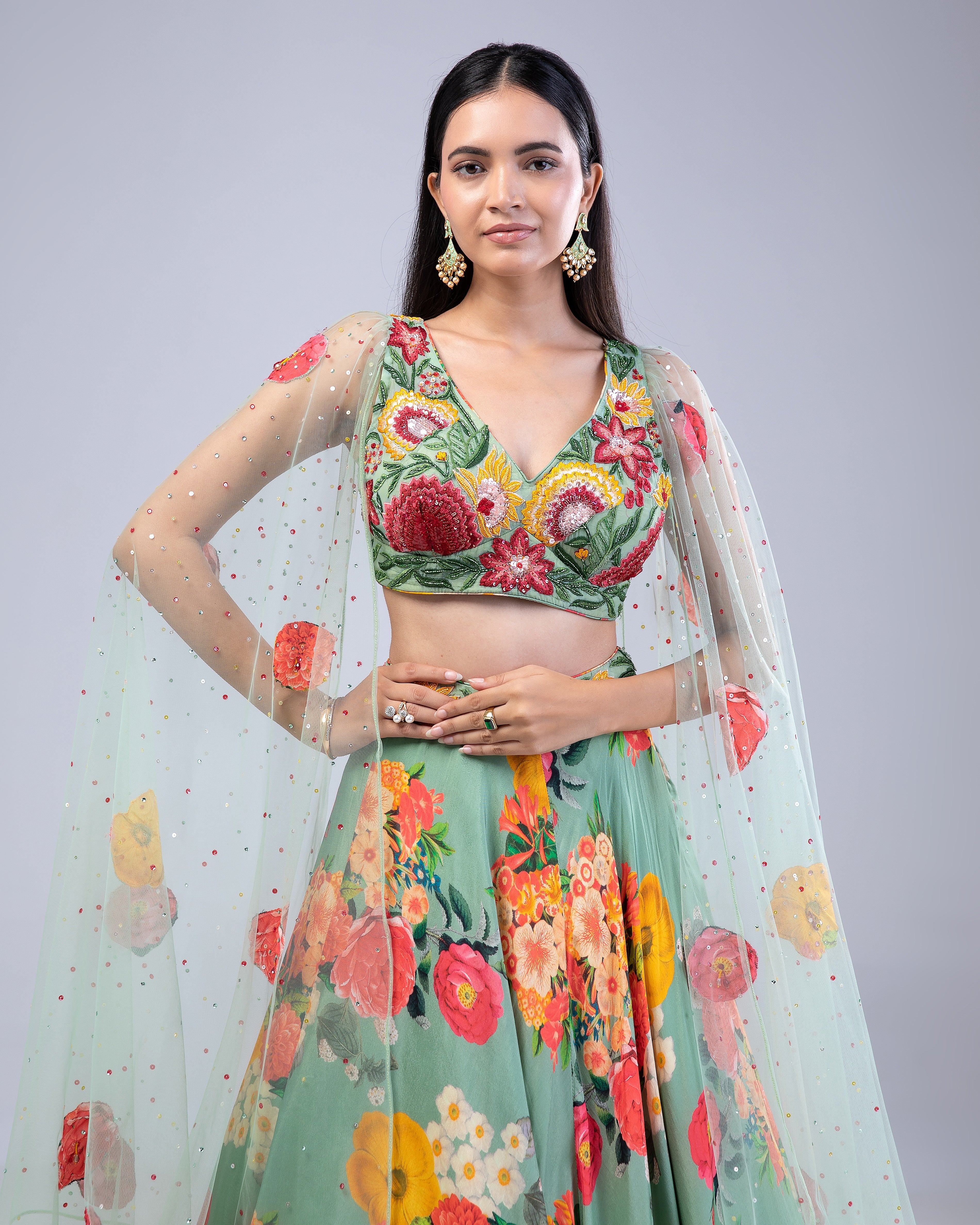 Green Printed Lehenga Set - Mokshaa